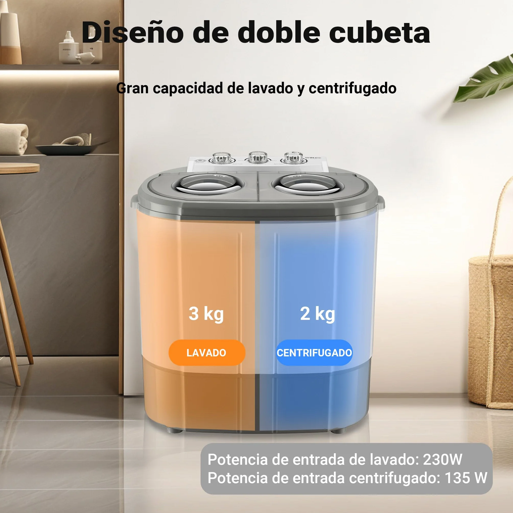 Wiltec Lavadora de camping portátil de doble tina 230 W 3 kg lavado y 2 kg centrifugado con temporizador mini lavadora compacta para camping, pisos pequeños, cubeta doble para lavado y centrifugado