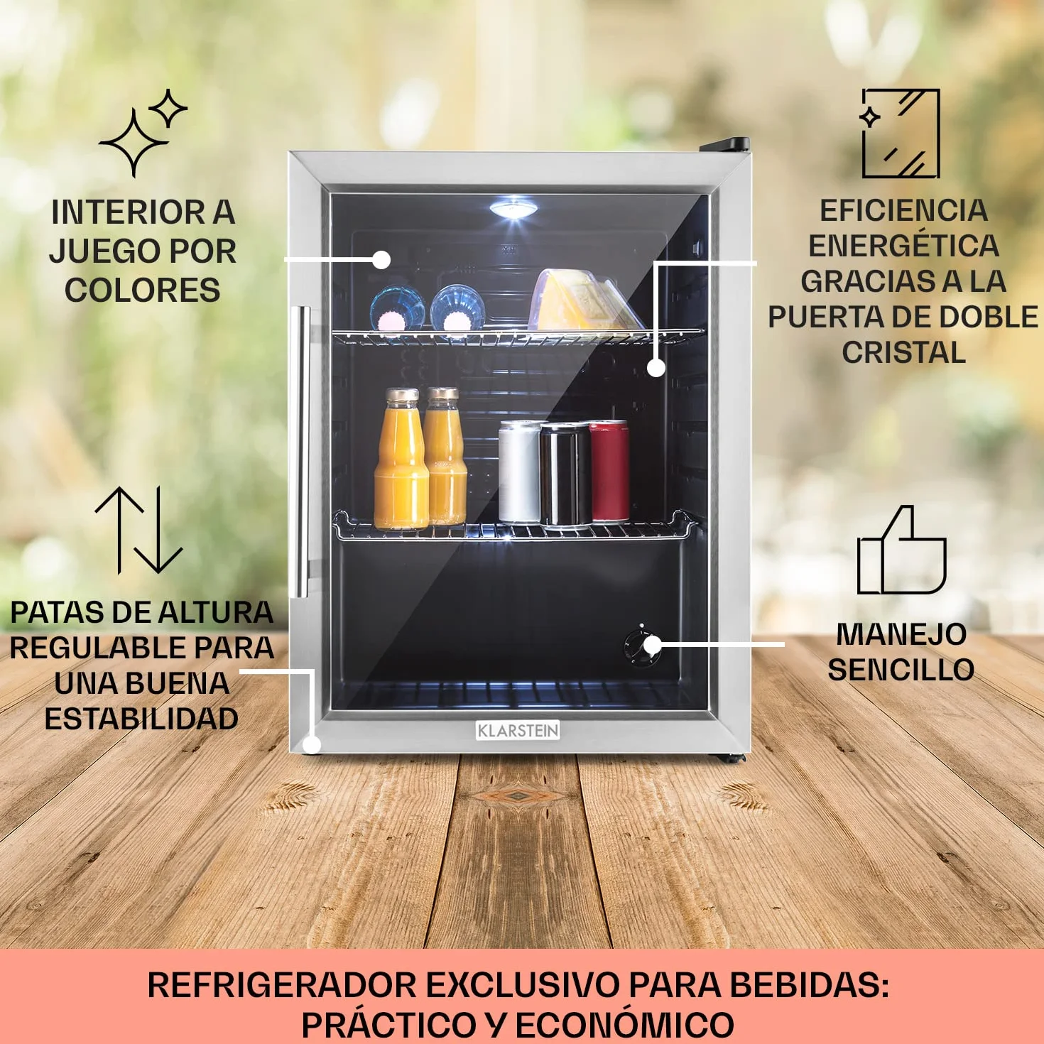 KLARSTEIN Nevera Pequeña Puerta Cristal Habitaciones, Nevera Portatil Electrica, Mini Nevera Pequeña para Bebidas, Frigorificos Pequeños 60L, Mini Frigorifico con Estantes, Neveras Pequeñas