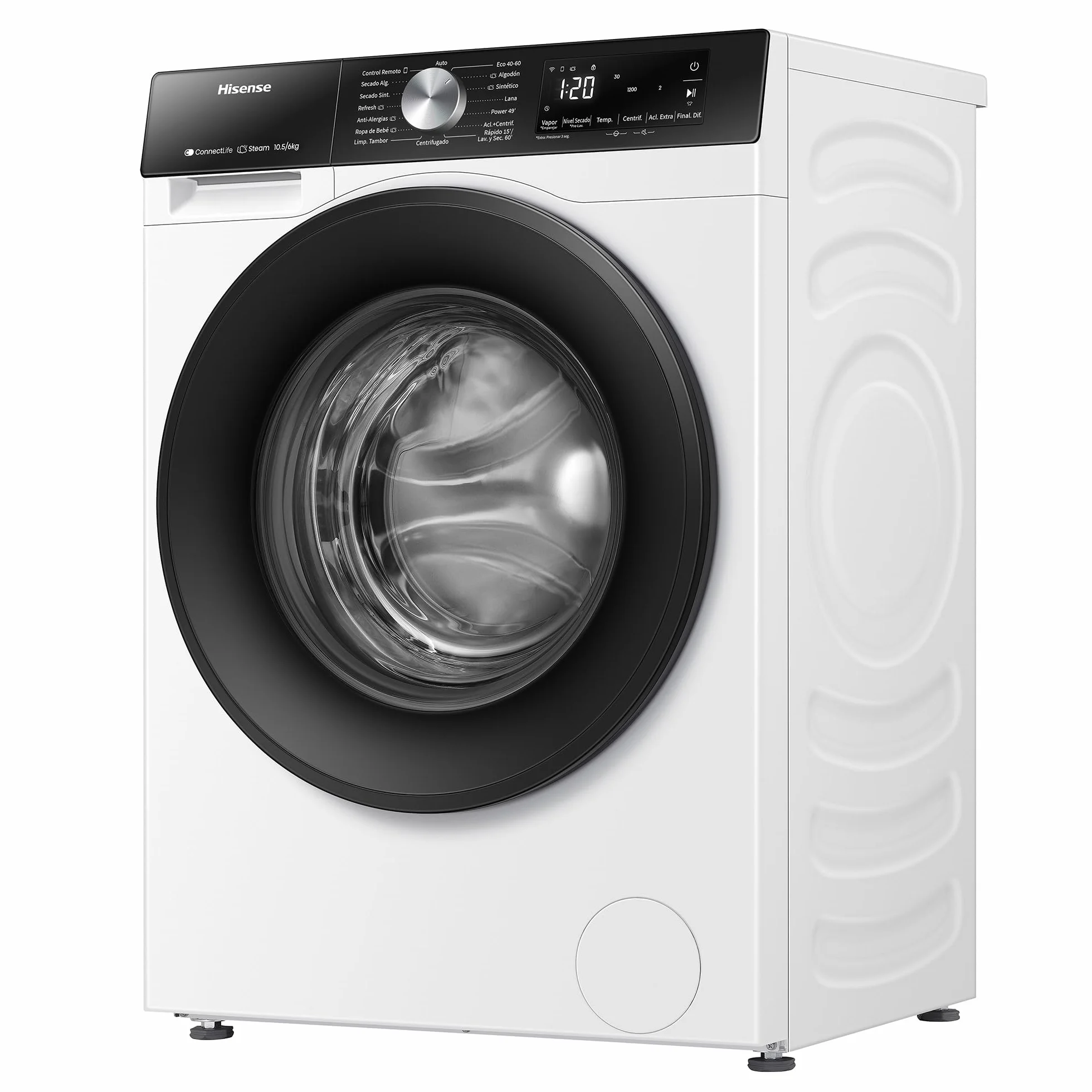 Hisense WD3S1043BW3 - Lavadora Secadora 2 en 1 con Vapor,Clase D/A, Carga Frontal 10.5 kg Lavado, Secadora 6 kg, Conectividad WiFi, Programación Asistida, Monitor de Consumo, Serie 3S, Blanco