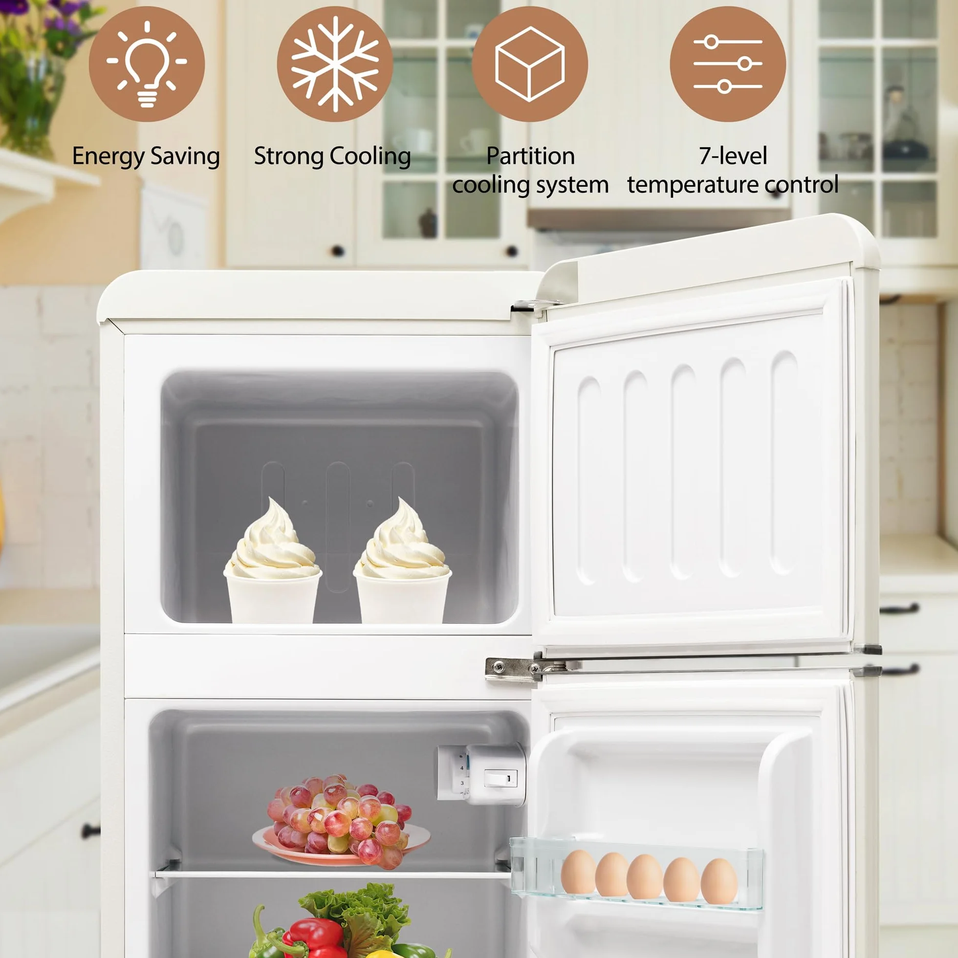 Merax Frigorífico de 2 puertas, 92 litros, congelador 28 l, 105,5 cm de altura, LED, estantes de vidrio ajustables, 116 kWh/año, silencioso 45 dB, compacto y energéticamente eficiente, para cocina