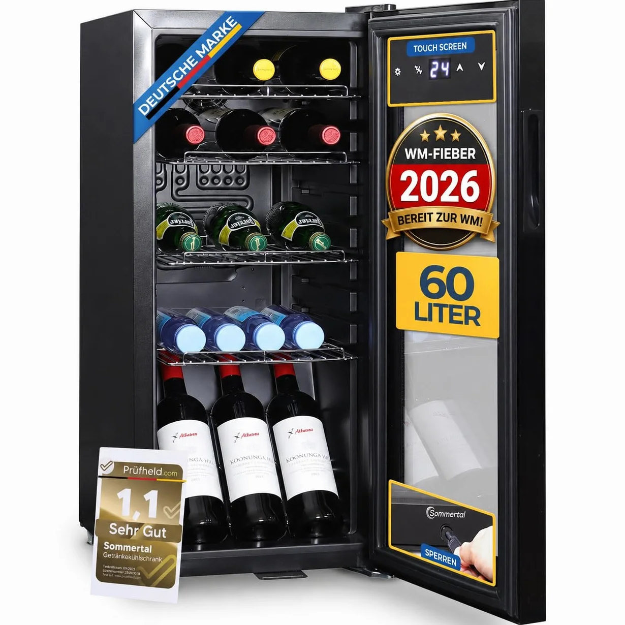 Sommertal Frigorifero GK60 – Frigorífico silencioso para bebidas con LED, pantalla táctil y candado, pequeño refrigerador para botellas, negro, 60 l