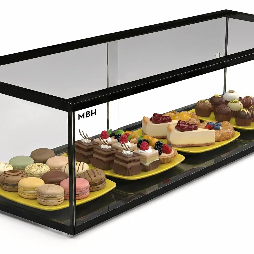 MBH - Vitrina Expositora Neutra de Sobremostrador 55x33 cm, Cristal Recto Templado, 1 Piso, sin Iluminación LED, Puertas Traseras Correderas, para Bar, Cafetería, Restaurante, Bollería y Repostería.