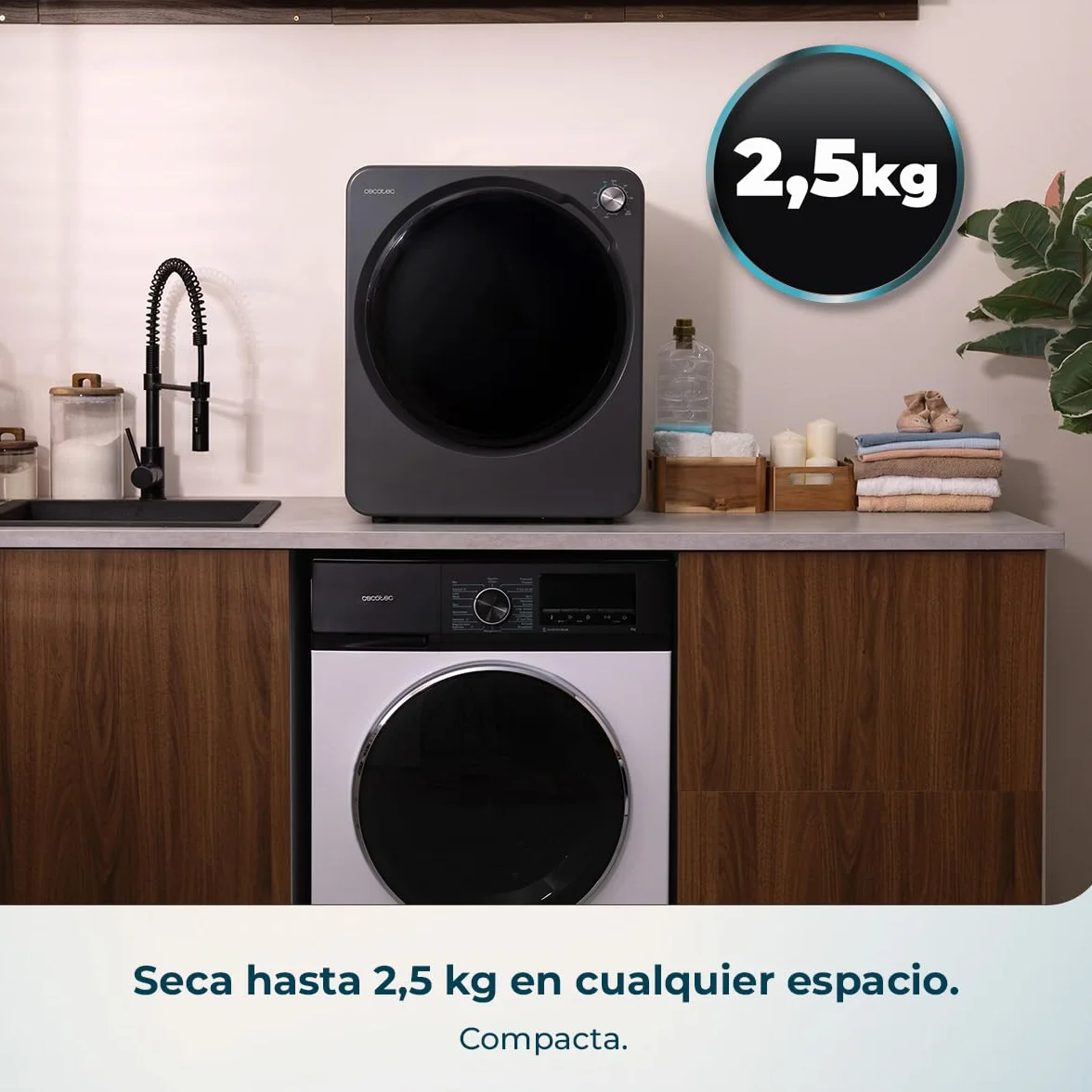 Cecotec Mini Secadora de Evacuación 2,5Kg Bolero DressCode Dry 3150V Dark. 950W, 6 Programas, Programa ECO, Control Knob Intuitivo, Secado Rápido y Eficiente, Ideal Espacios Pequeños, Acero