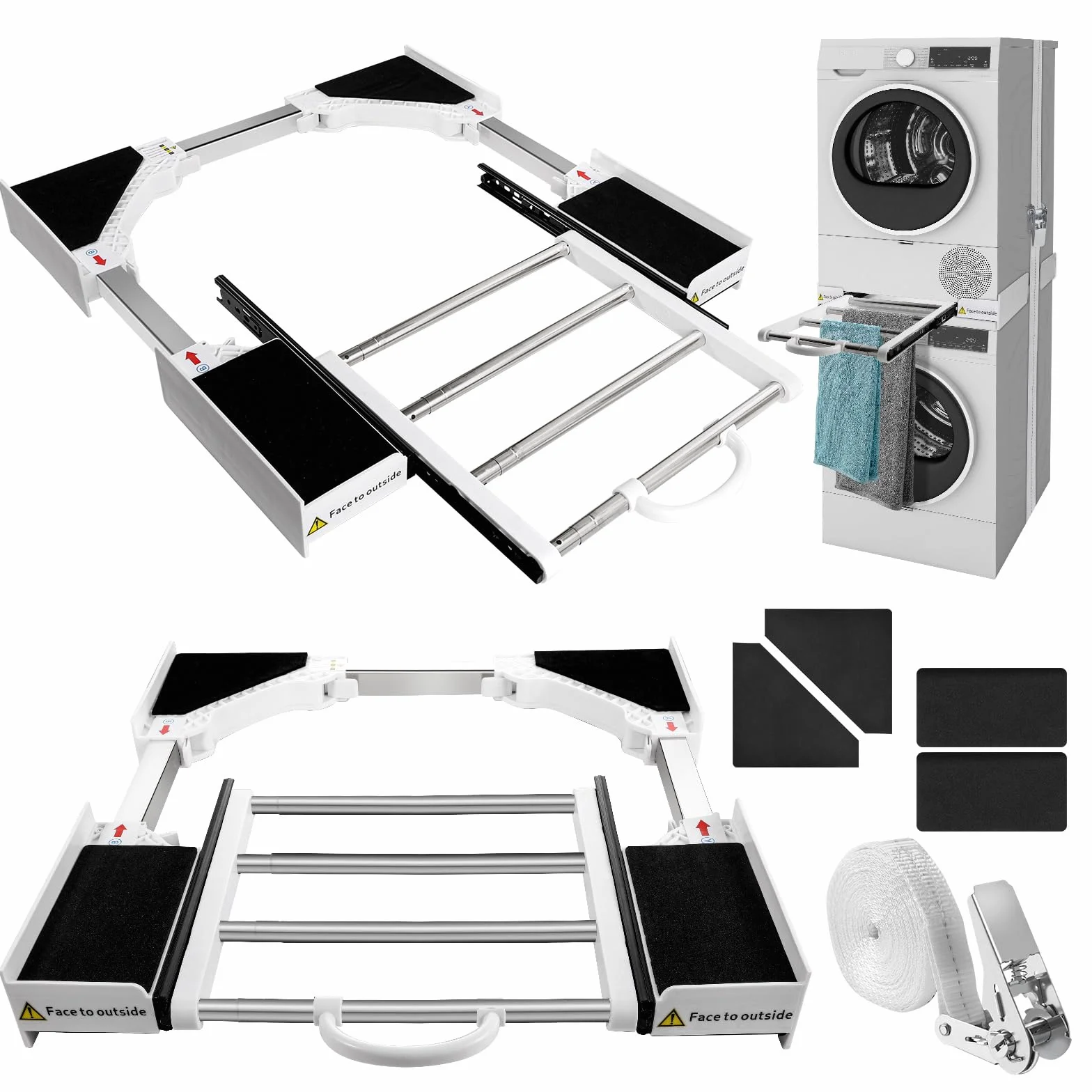 Zanfqvo Kit Union Lavadora Secadora con Cuerda de Trinquete - Marco de conexión Universal con Toallero Extensible, Tamaño Ajustable (46-72 cm)