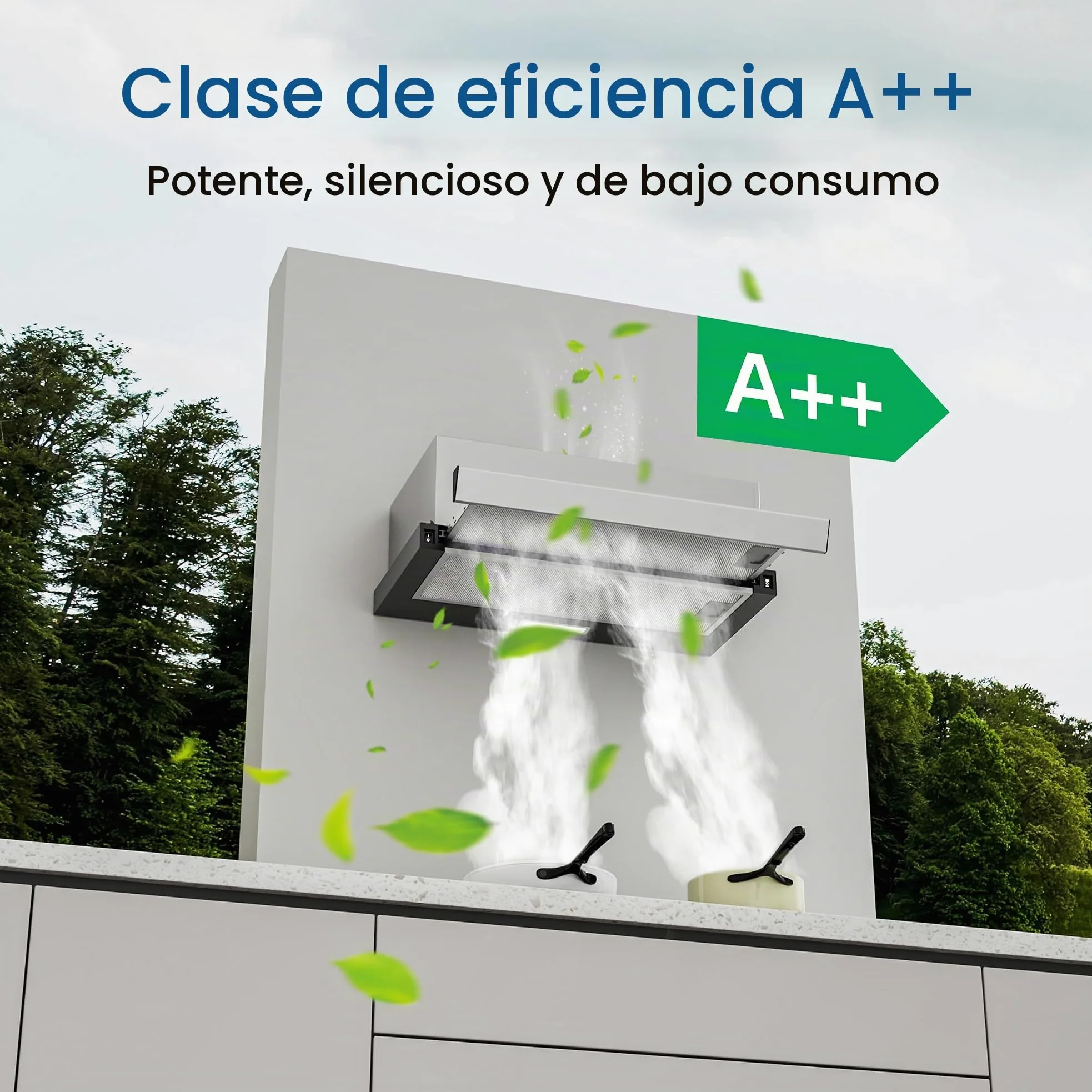 FIREGAS Clase A++ Campana Extractora 60 cm,Telescópica Extractor Cocina con Motor Sin Escobillas,400 m³/h,2 Velocidades,Ruido Bajo,Luces LED, Filtros de Aluminio y Carbón Activo,Negro