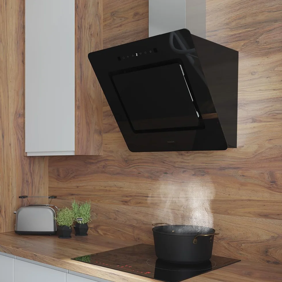 Cecotec Campana Extractora Decorativa 60 cm Bolero Flux DT 608002 Glass Black A++, 210W, Iluminación LED, Succión 800m3/h, Control Táctil, 3 Niveles, Filtro Carbono, Hand Movement, Delay Function