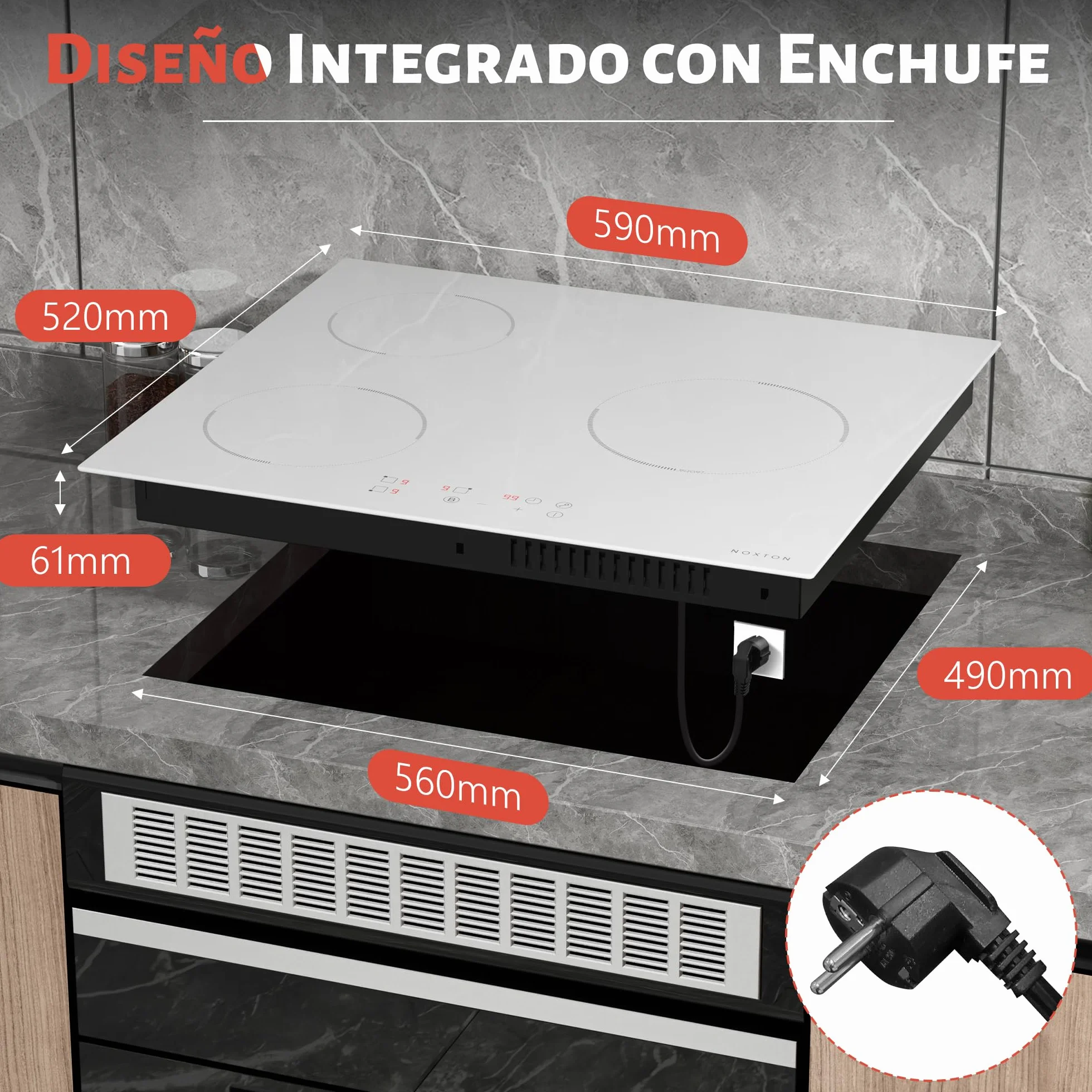 NOXTON Placa de Inducción 3 Fuegos 60 cm Empotrado 3500 W 220-240 V Boost Control Táctil