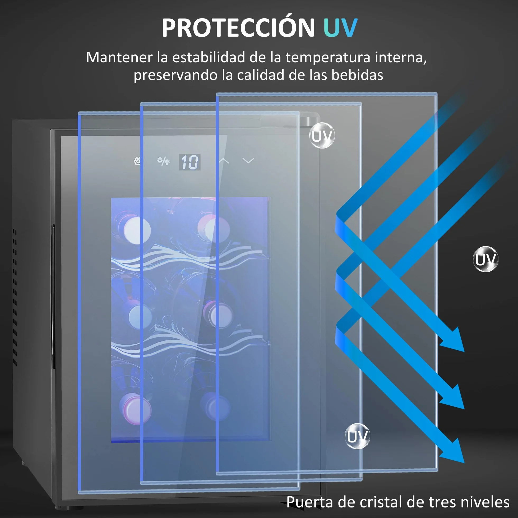 HOMCOM Vinoteca 6 Botellas, Nevera para Vinos con Doble Refrigeración Termoeléctrica, Temperatura Ajustable 8-18℃, Puerta de Vidrio, Anti-UV, Pantalla LED, Luz Interior, Negro