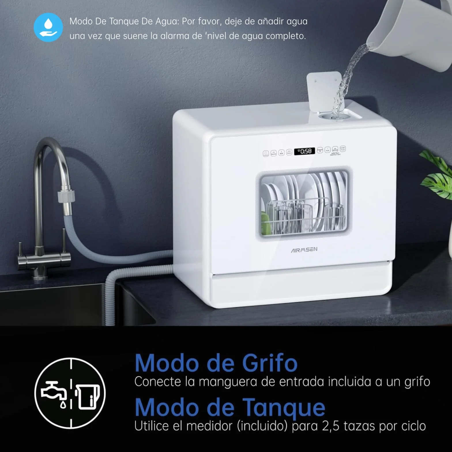 AIRMSEN Lavavajillas Portátil Pequeño con 7+2 Programas, Función de Sal Absoftante Depósito de 5L Control Táctil y Pantalla LED, Para Cocinas, Apartamentos y Dormitorios, Blanco