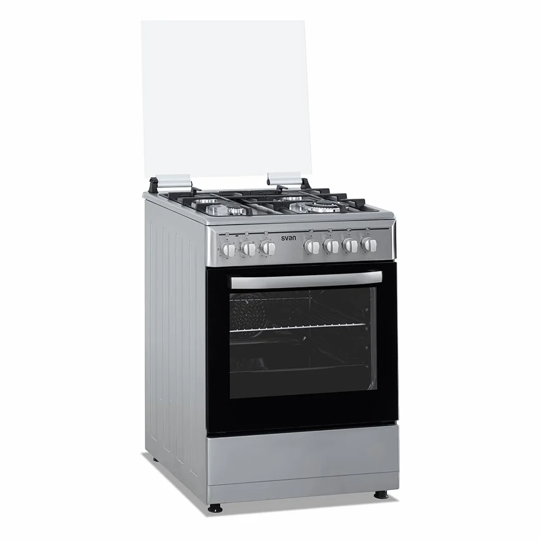 Svan Cocina Mixta Gas Butano, 4 Zonas de Cocción, Horno 56 L, Inox, SKMW4601X. Control Manual, Quemador WOK Triple Llama, 6 Programas de Cocción, Compartimento Bombona, Cristal en Puerta Doble Capa, T