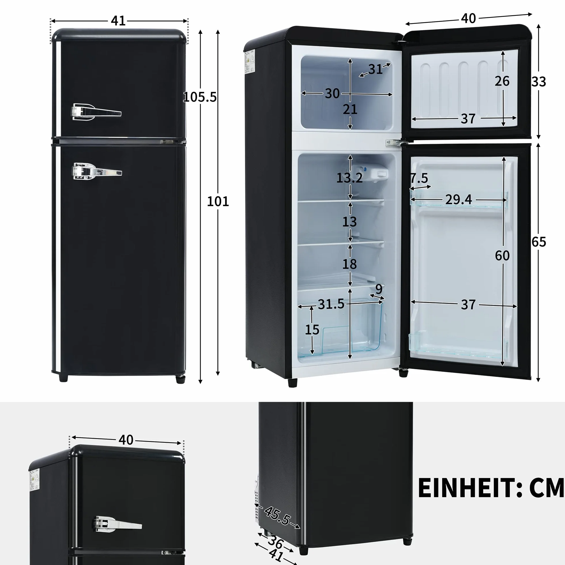 Frigorífico Mini 92L, Frigorifico Pequeño con Congelador (28L+64L), Frigorifico Combi con LED, 105,5x41x45,5 cm Frigorífico no Frost con 2 Estantes Ajustables, 116 kWh/año, -27°C∽13°C (Black)