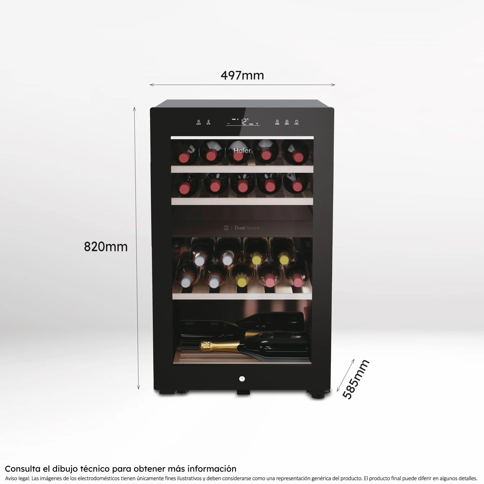 Haier Wine Bank 50 Series 7 HWS42GDAU1- Vinoteca de 42 botellas, Estantes de madera, Filtro Anti-UV, Filtro de carbón, Refrigeración por Compresor, Display Digital, Iluminación LED, Silenciosa 37 dbA