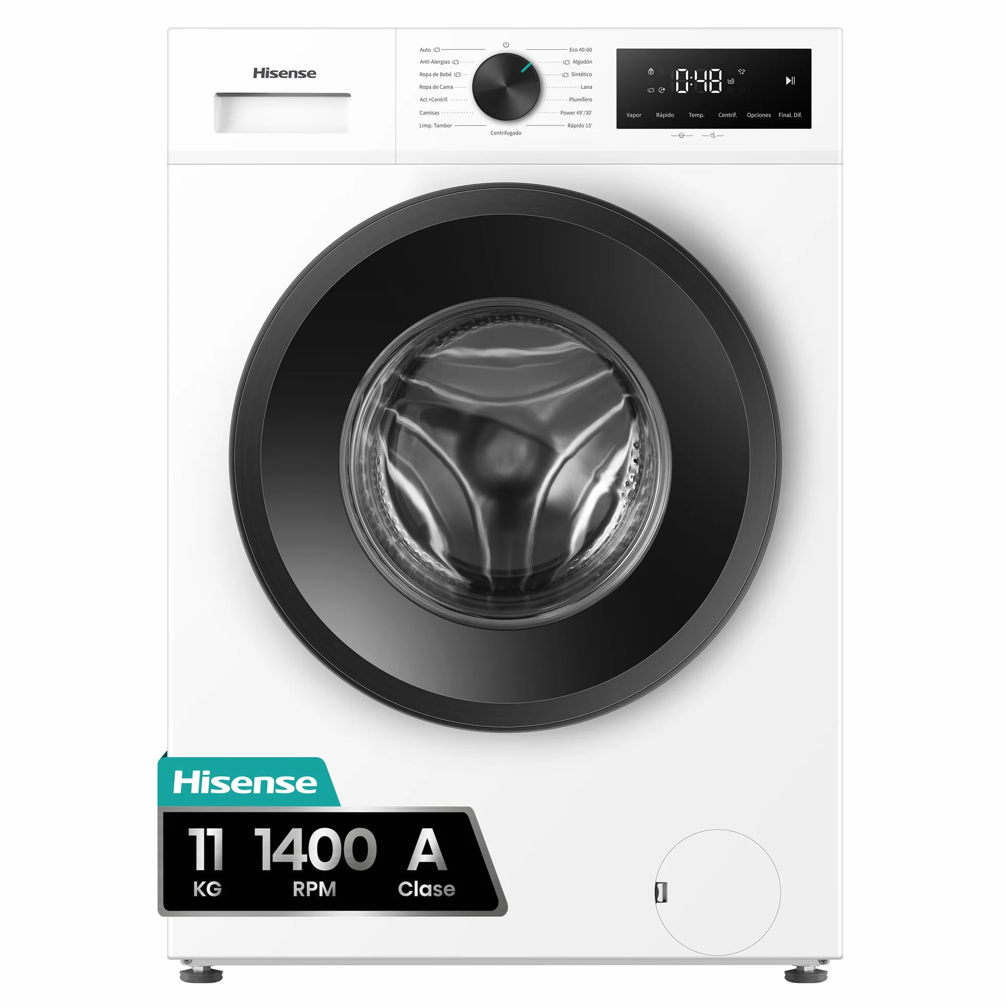 Hisense WF1I1142BWL - Lavadora 11 Kg, 1400 rpm, Clase A, Fondo 59cm, Lav. Power 49’ y Rápidos 30' y 15', Dispensador Automix, Lavado Auto Wash, Antiarrugas, iFit™ Fondo Optimizado, Vapor 99,9%, Blanco