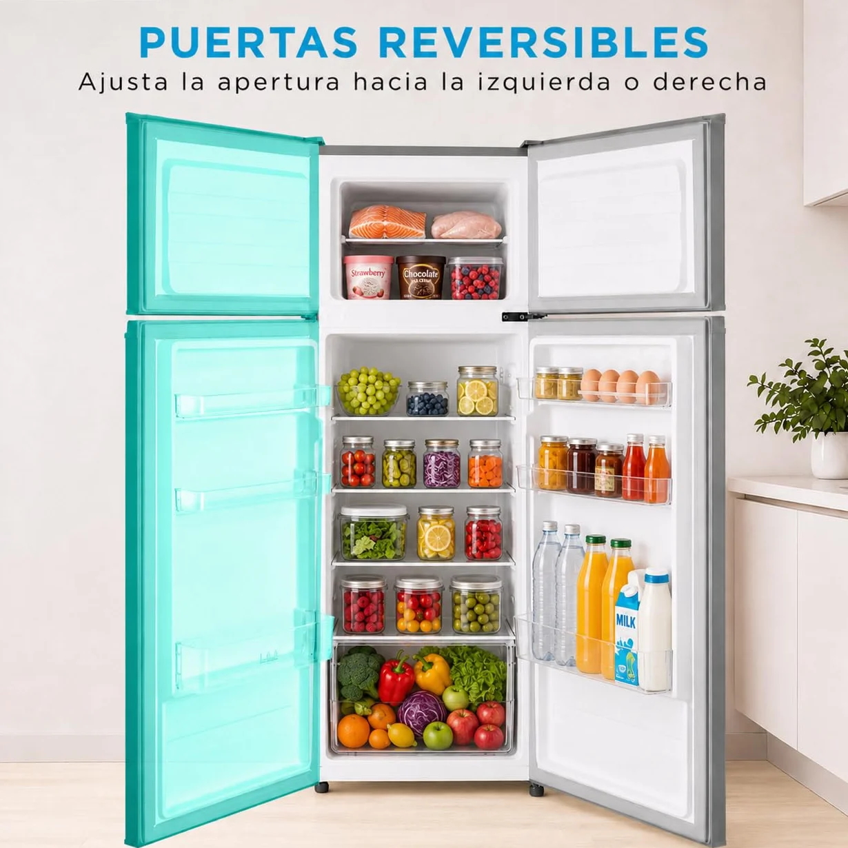 Midea Frigorífico 2 puertas 140 cm alto x 55 cm ancho, Inox, Capacidad 204 L, Nevera Pequeña con Congelador Low Frost de Bajo Consumo, Puerta Reversible, Luz LED, Silencioso 40dB, Cajón de Frutas