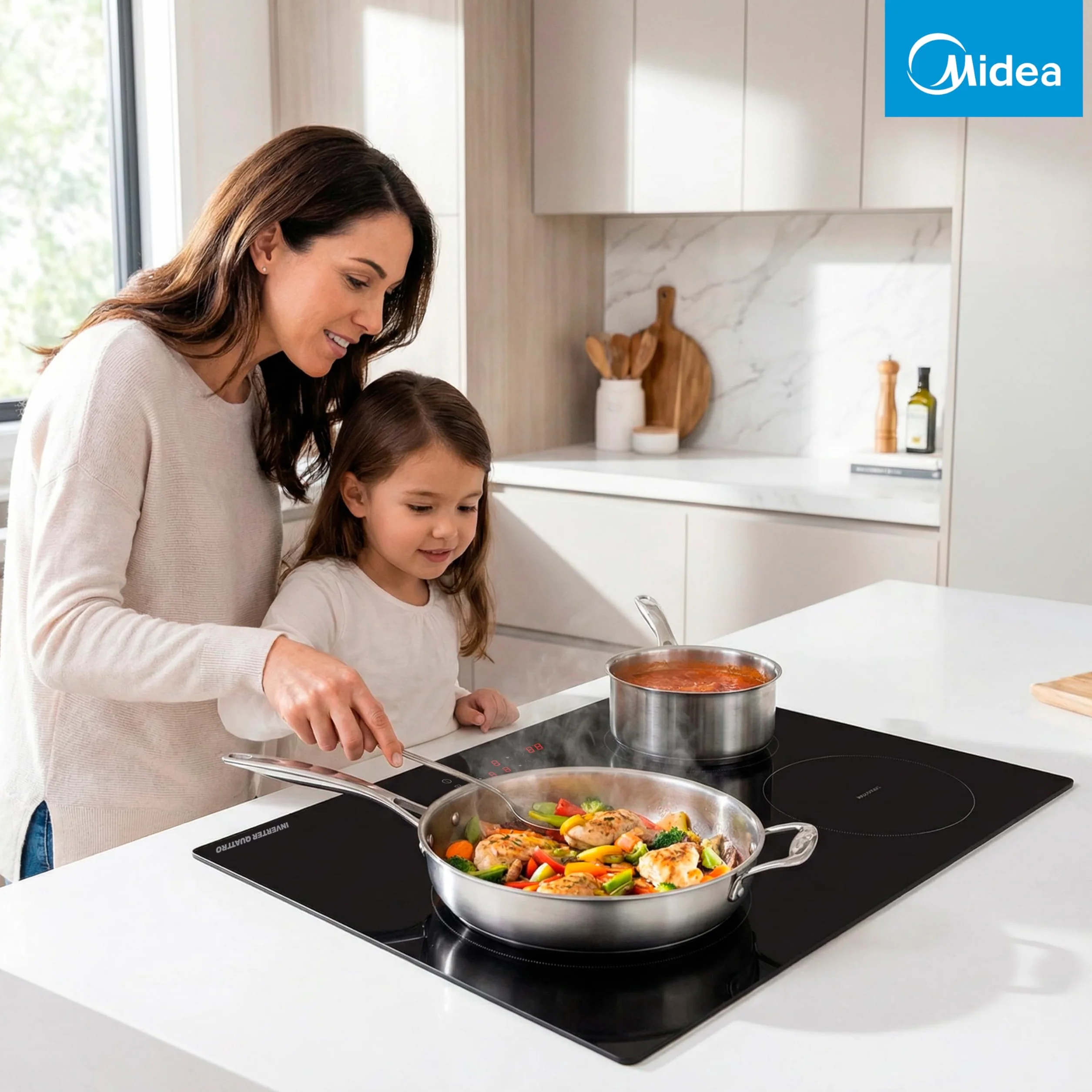MIDEA Placa Inducción 3 fuegos 60 cm 7200 W - Vitroceramica Induccion Integrada con Panel de control tactil, Inverter quattro, 9 Niveles de Potencia, Booster, Indicador de Luz, y Temporizador.