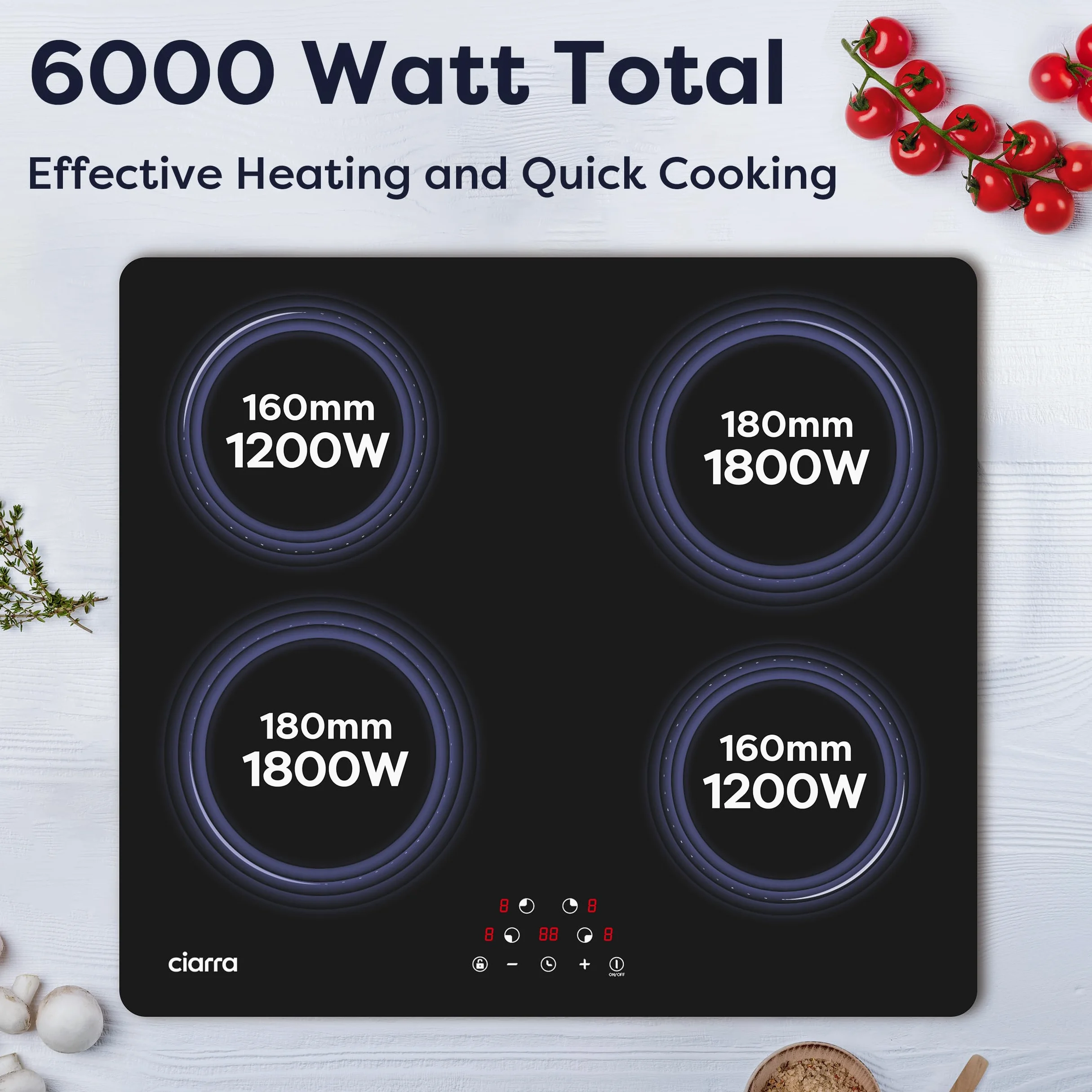 Ciarra Placa Vitroceramica Induccion 4 Fuegos 6000W 60cm, AWBBIH4-C | 9 Niveles,Temporizador, Bloqueo Infantil, Control Táctil, Indicador Calor Residual