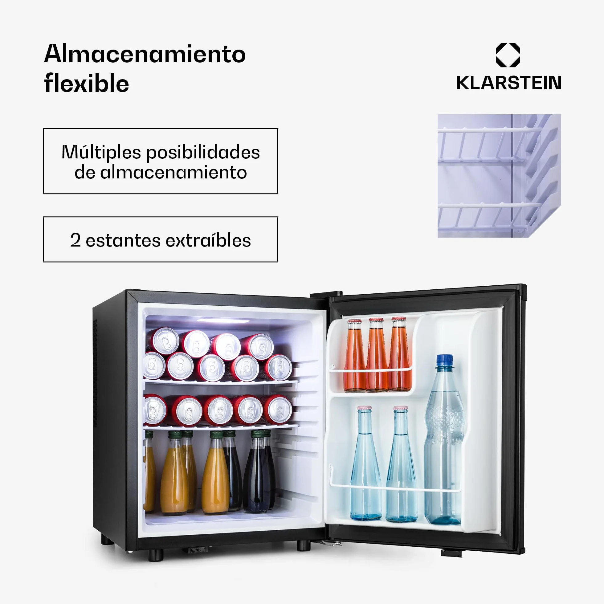 KLARSTEIN Happy Hour Mini Nevera para Dormitorio, Nevera Pequeña para Bebida y Comida, Neveras Pequeñas Iluminación Interior, Estantes Ajustables, para Habitaciones. Oficina, Camping, 6-18°C, 45L