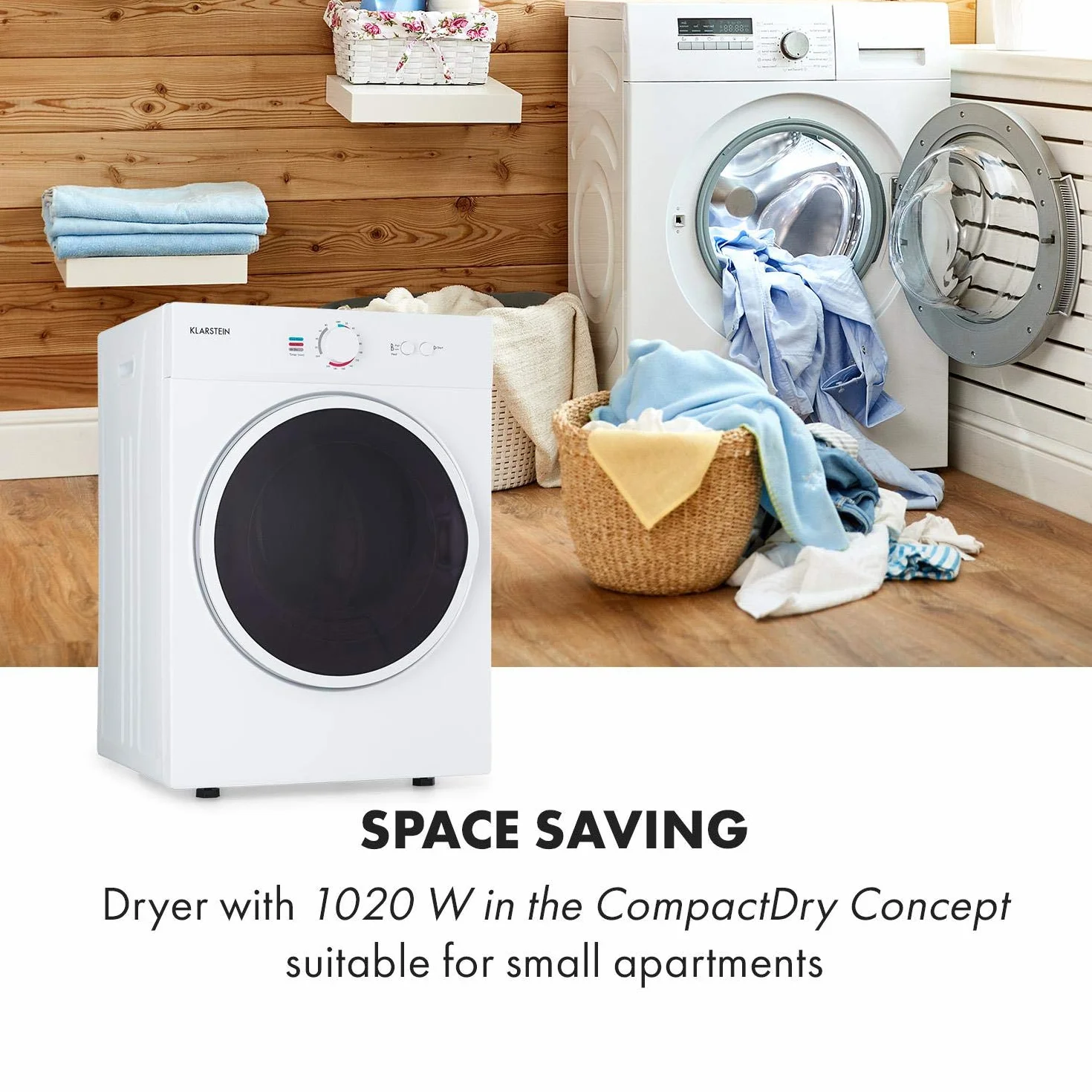 Klarstein Jet Set - Secadora de ropa por salida de aire, Potencia 1020 W, 2 niveles, Temporizador 20-200 min., Tambor de acero inoxidable, Capacidad 3 kg, 60 dB, 49 x 69 x 47,5 cm, Blanco seda
