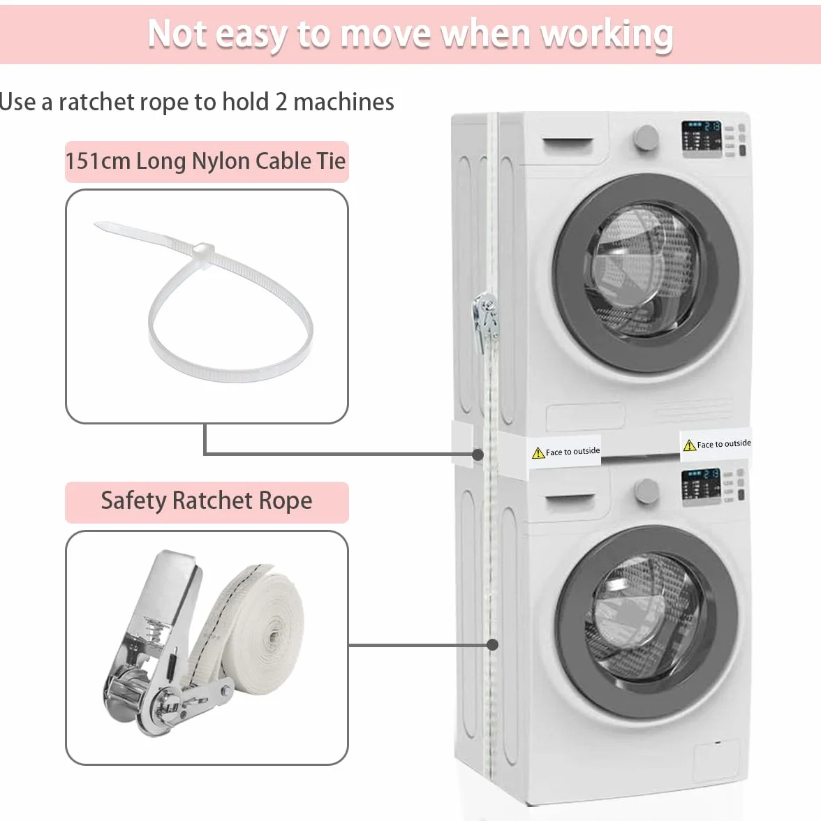 NIUXX Kit Apilado Universal para lavadoras y secadoras, soporte de conexión para lavadoras, Equipado con bridas de nylon y correas de trinquete, tamaño ajustable (45-64 cm)