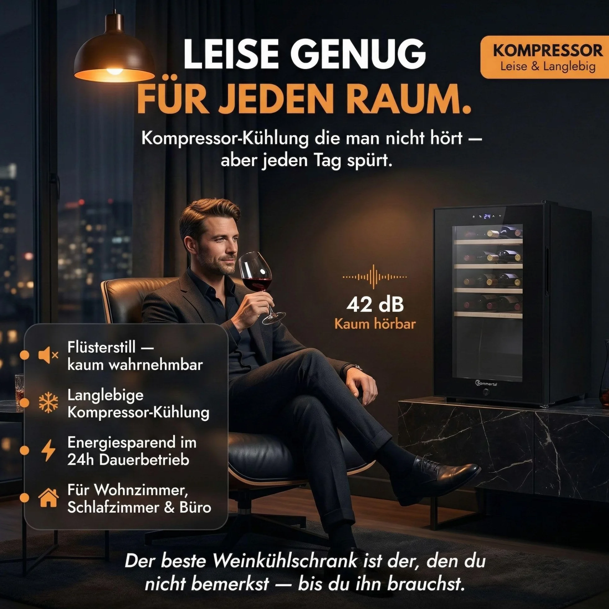 Sommertal WK50 - Nevera para vino con puerta de cristal (15 botellas, 5 – 20 ºC, ajustable, con cerradura, iluminación LED, puerta de cristal, pantalla táctil, 4 estantes de madera, silencioso, ahorro