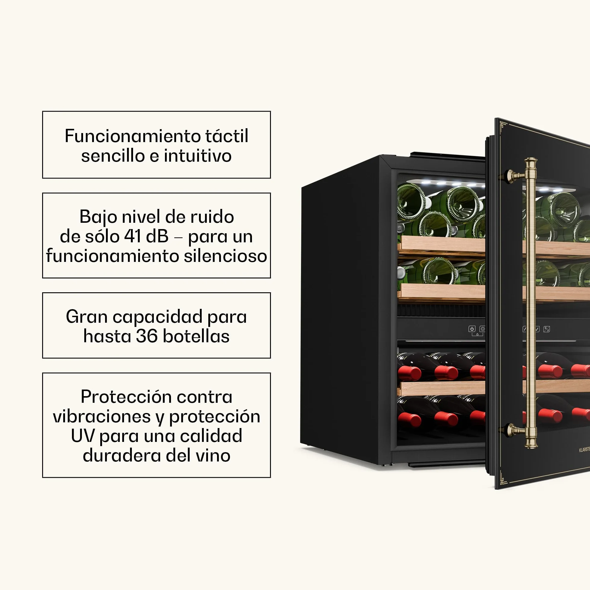 Klarstein Vinsider Victoria 36 Vinoteca - 36 Botellas, 2 Zonas, 5-22°C, Control Táctil, Iluminación LED, Protección UV, Integrado, Negro