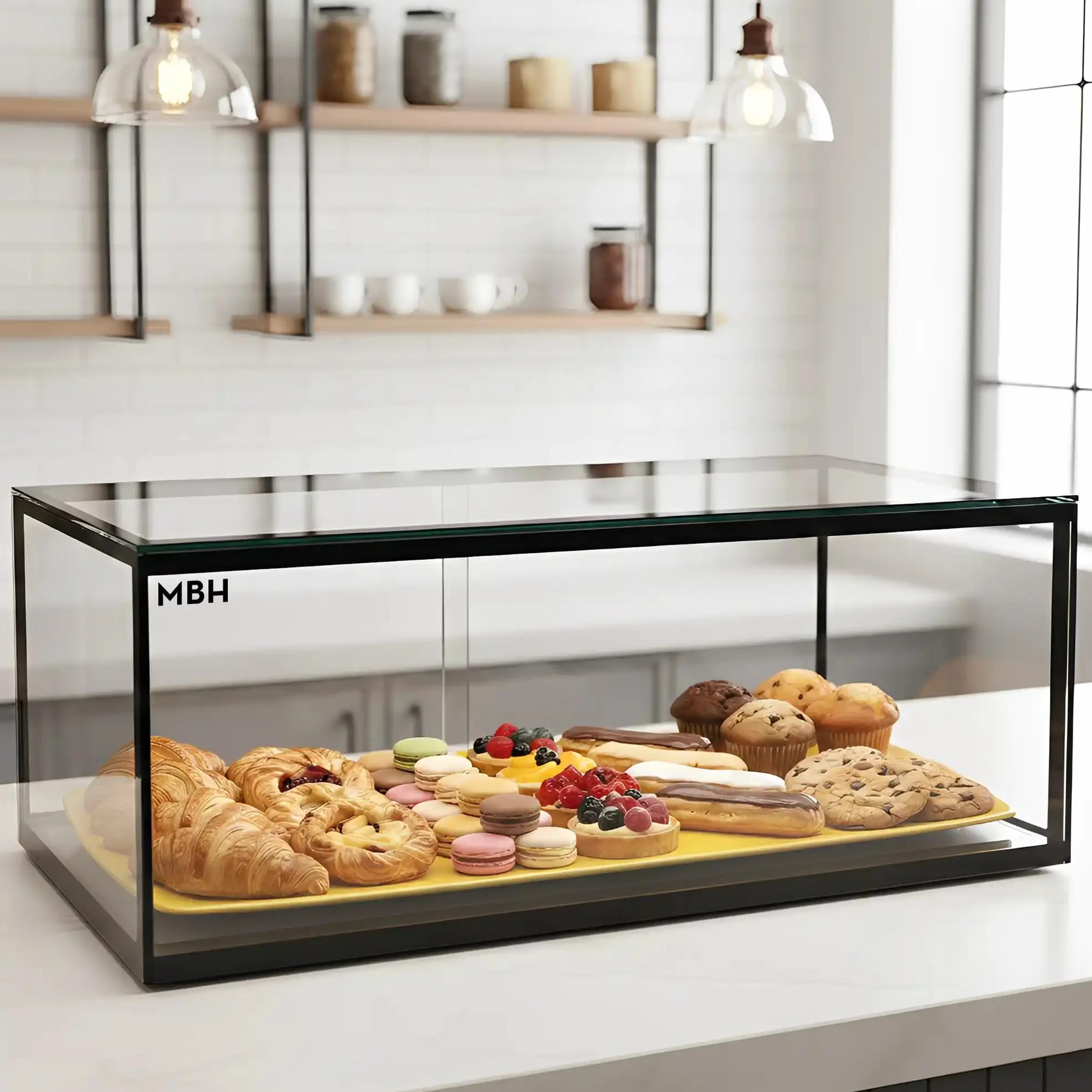MBH - Vitrina Expositora Neutra de Sobremostrador 55x33 cm, Cristal Recto Templado, 1 Piso, sin Iluminación LED, Puertas Traseras Correderas, para Bar, Cafetería, Restaurante, Bollería y Repostería.