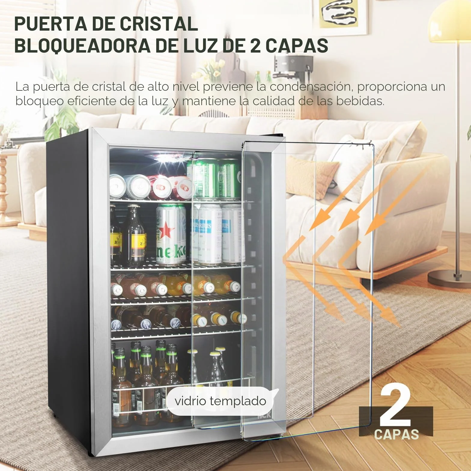 HCK Refrigerador de Bebidas Independiente de 115L con Puerta de Vidrio Doble, Temperatura Ajustable de 0-10℃, 4 Estantes Removibles para Cerveza y Bebidas