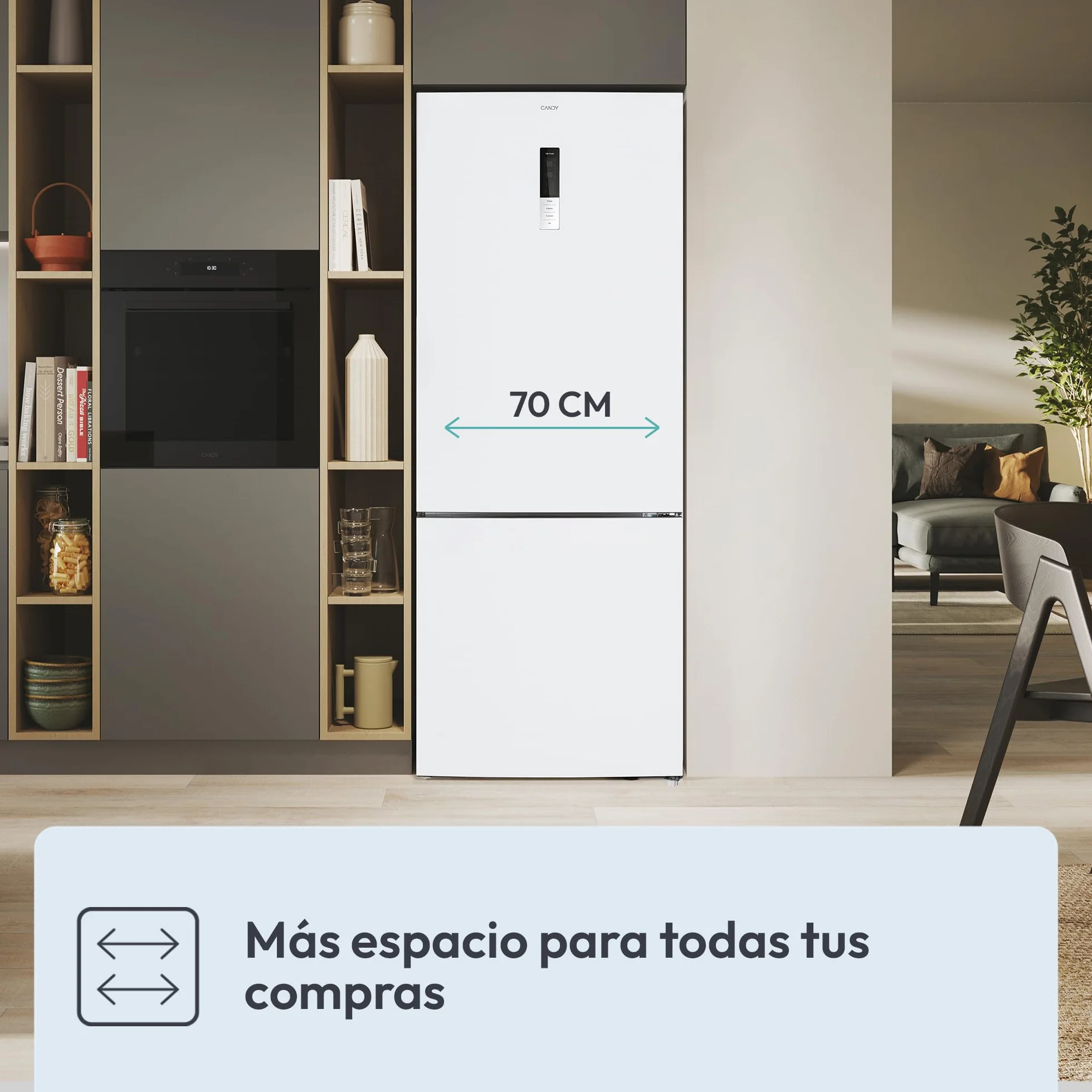 Candy Combi 70 CCG5T718EW1, Frigorífico Combi, 442L, Total No Frost Circle+, 3 Estantes, 4 Balconeras, 2 Cajones Verduleros, Control Digital Interno, Ancho 70 cm, Alto 185,5cm, Iluminación LED, Blanco