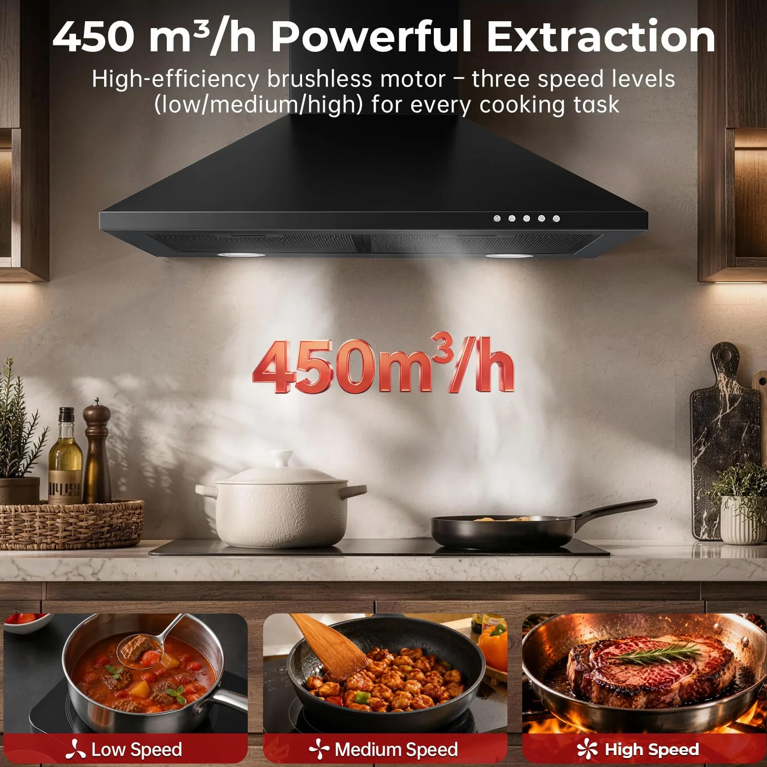 TopStrong Campana Extractora 60 cm, A+++ Extractor de Cocina, 450 m³/h, 3 Velocidades, LED, Recirculación y Evacuación, Filtros de Carbono Incluidos | Filtro de carbón activo incluido | Filtro de carbón activo incluido