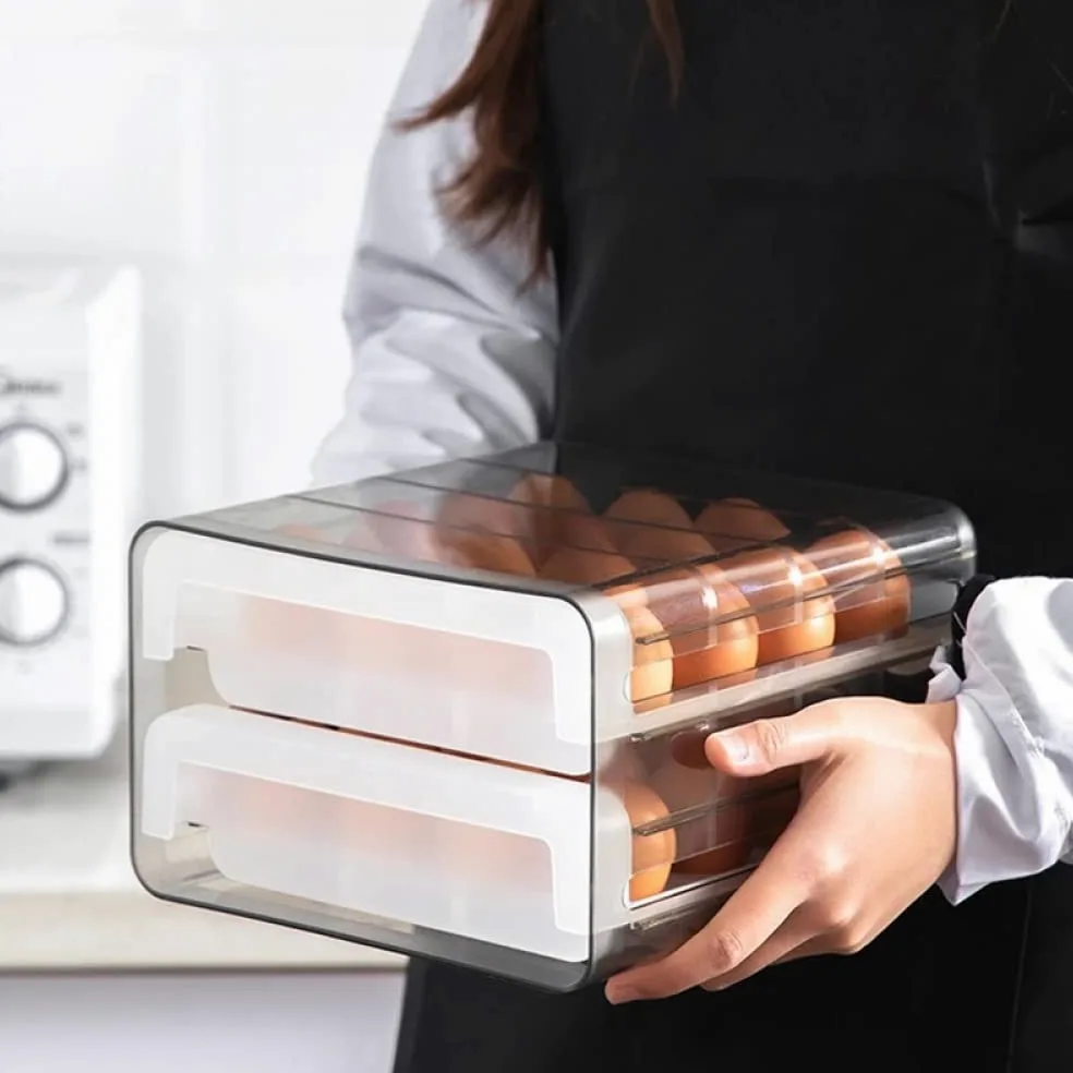 Bandeja de plástico para huevos, Caja de almacenamiento huevos con cajón doble capa, 16/32 rejillas transparentes, 24x21,5x14cm for refrigerador