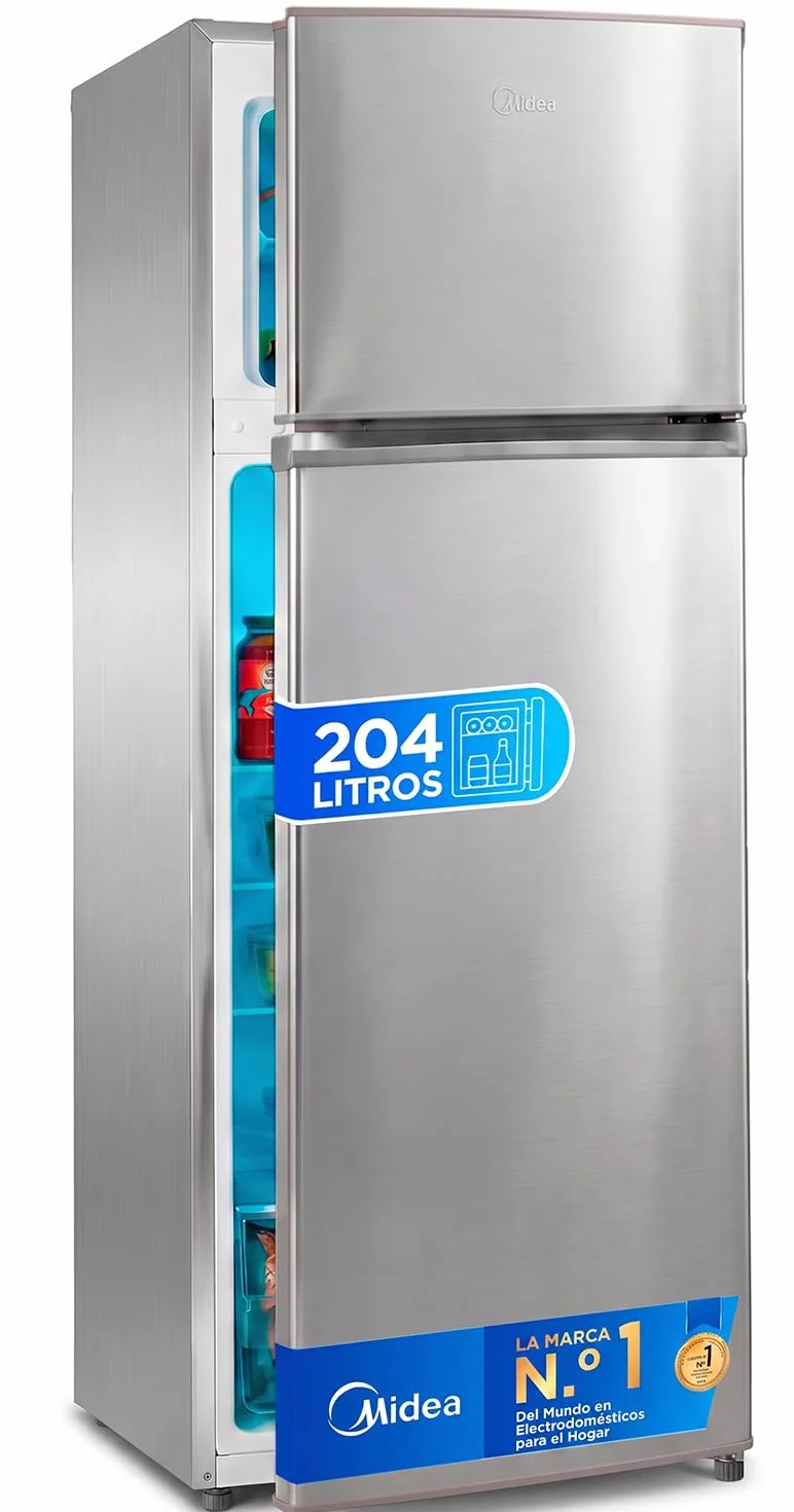 Midea Frigorífico 2 puertas 140 cm alto x 55 cm ancho, Inox, Capacidad 204 L, Nevera Pequeña con Congelador Low Frost de Bajo Consumo, Puerta Reversible, Luz LED, Silencioso 40dB, Cajón de Frutas