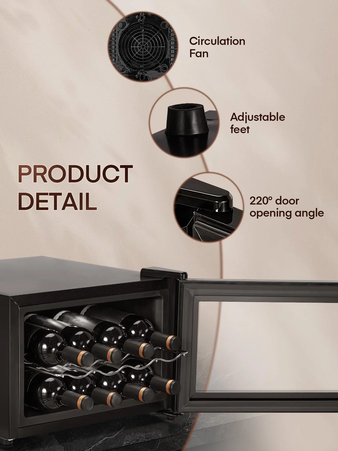 FOHERE Vinoteca de 8 botellas, frigorífico de mesa con puerta de vidrio, 22 litros LED + pantalla digital, frigorífico para bebidas con puerta de vidrio, 8-18 °C, zona única