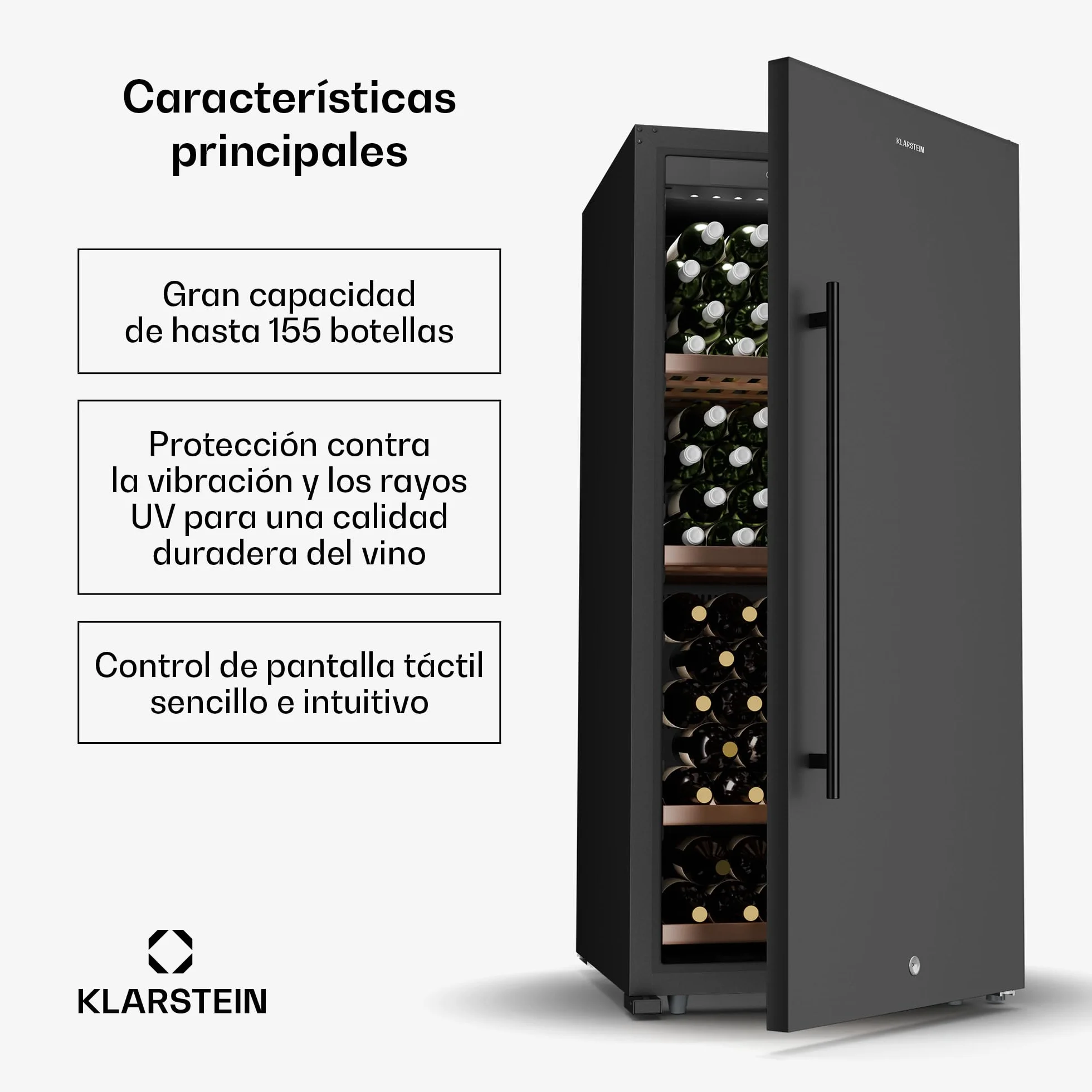 KLARSTEIN CellarMax Vinoteca Grande - 155 Botellas, 5-20°C, Control Táctil, Puerta Metálica, Cerradura, Alarma, Independiente, Nevera Para Vinos