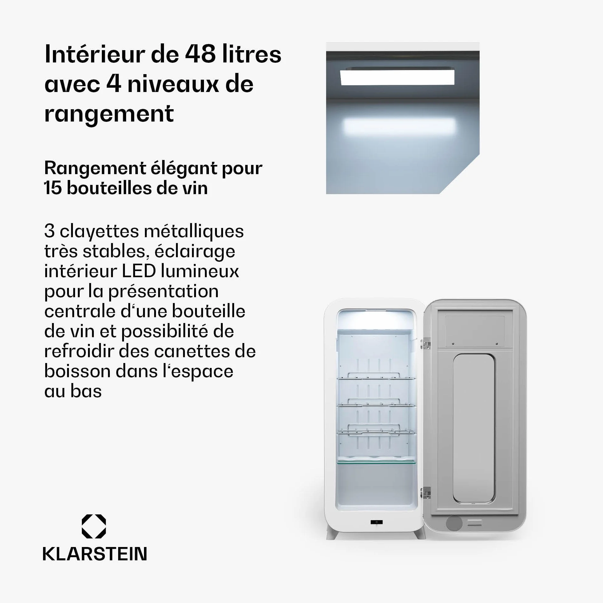 Klarstein Vinoteca para Vinos, Nevera Vino Una Zona, Botellas Vino, Proseco y Cervezas, Vinoteca Pequeña Puerta Cristal para Interior y Exterior, Nevera para Vinos Capacidad 15 Botellas