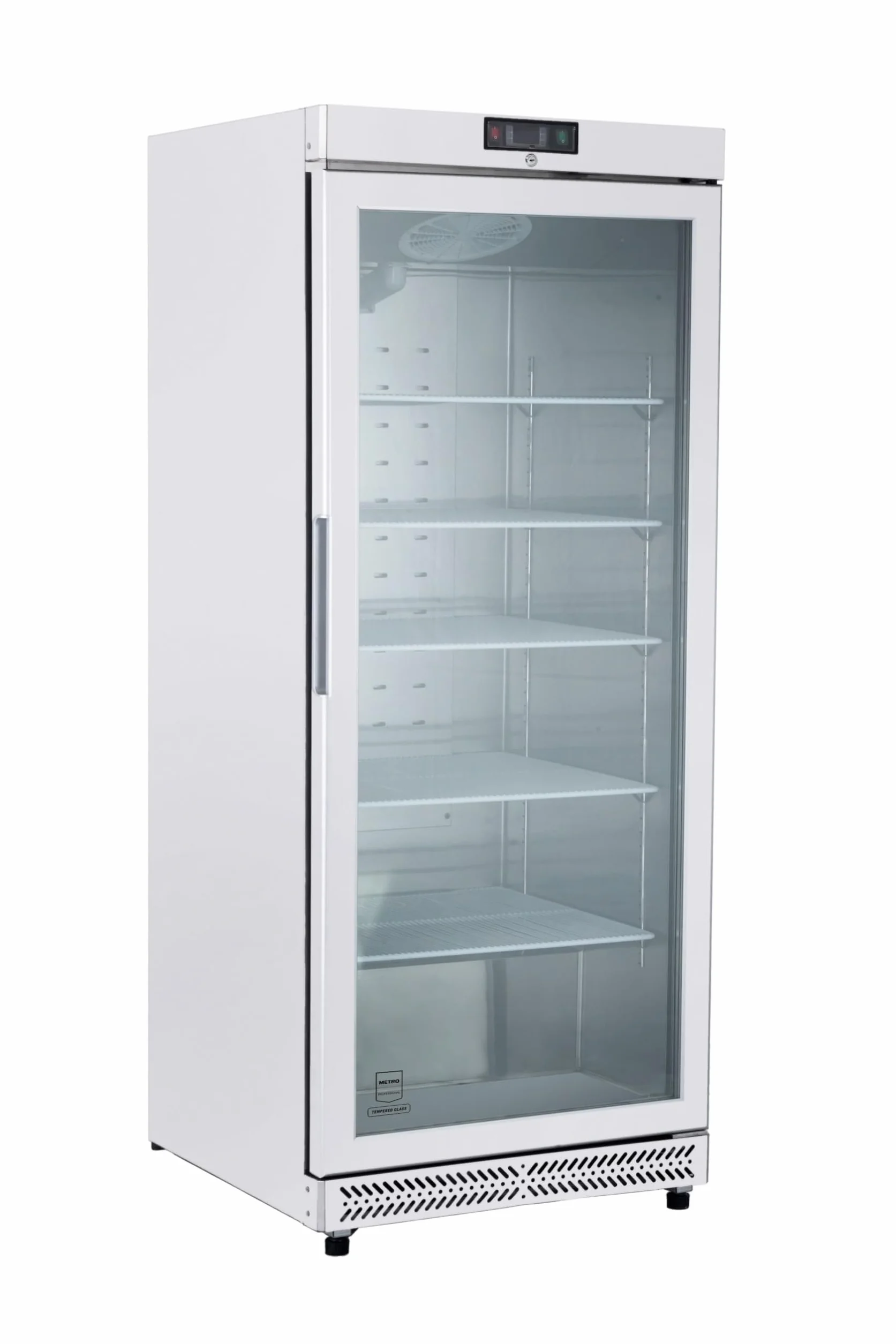 METRO Professional Frigorífico con Puerta de Cristal GRE6600G, 380L, Nevera Vertical con Cerradura, 77.5x72.5x188.5cm, 5 Estantes, Blanco
