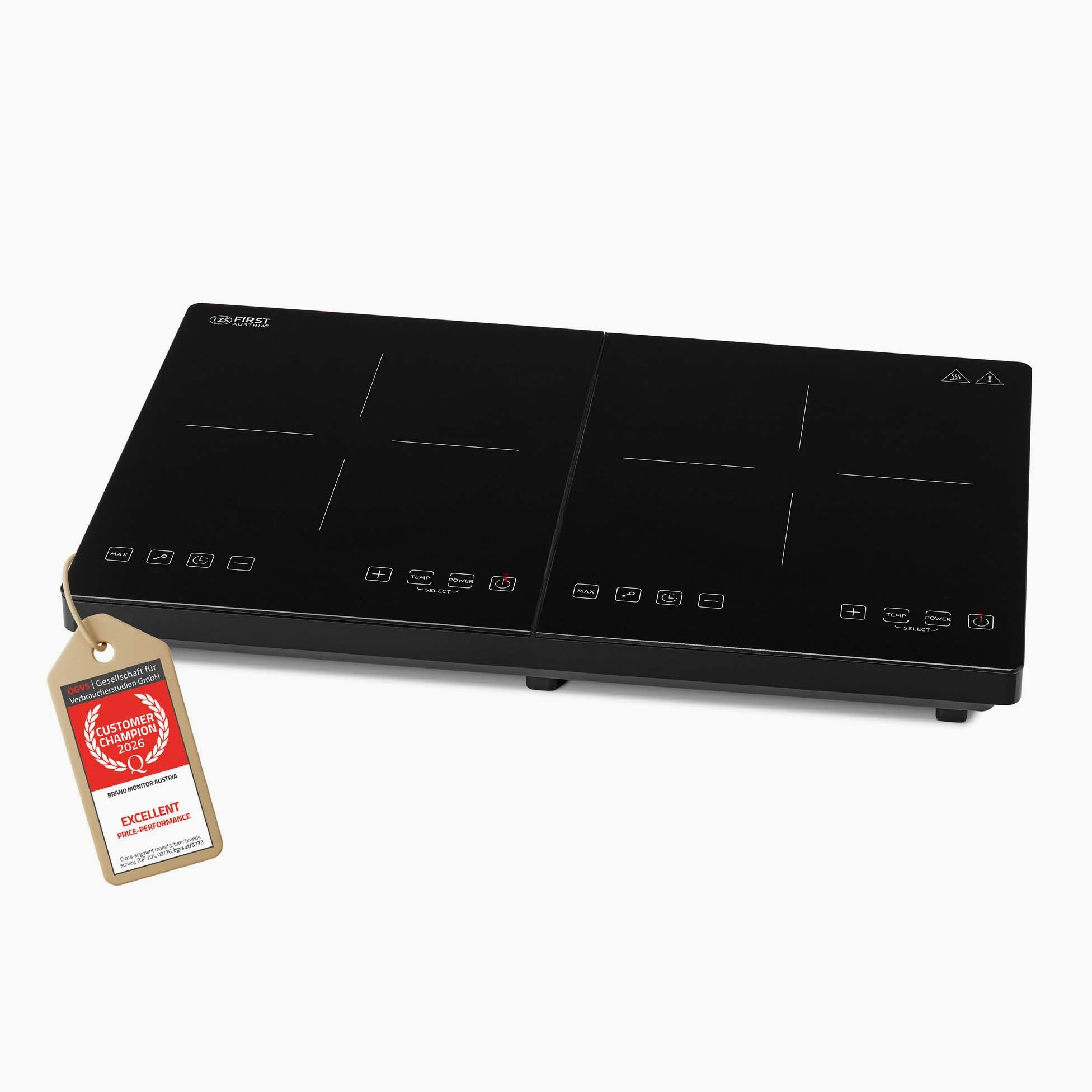 TZS First Austria - Placa de Inducción Doble 3500W - 10 Niveles de Temperatura - Cristal Negro - Hornillo Digital con Control Táctil, Temporizador & Seguridad - Ø 260 mm - Negro