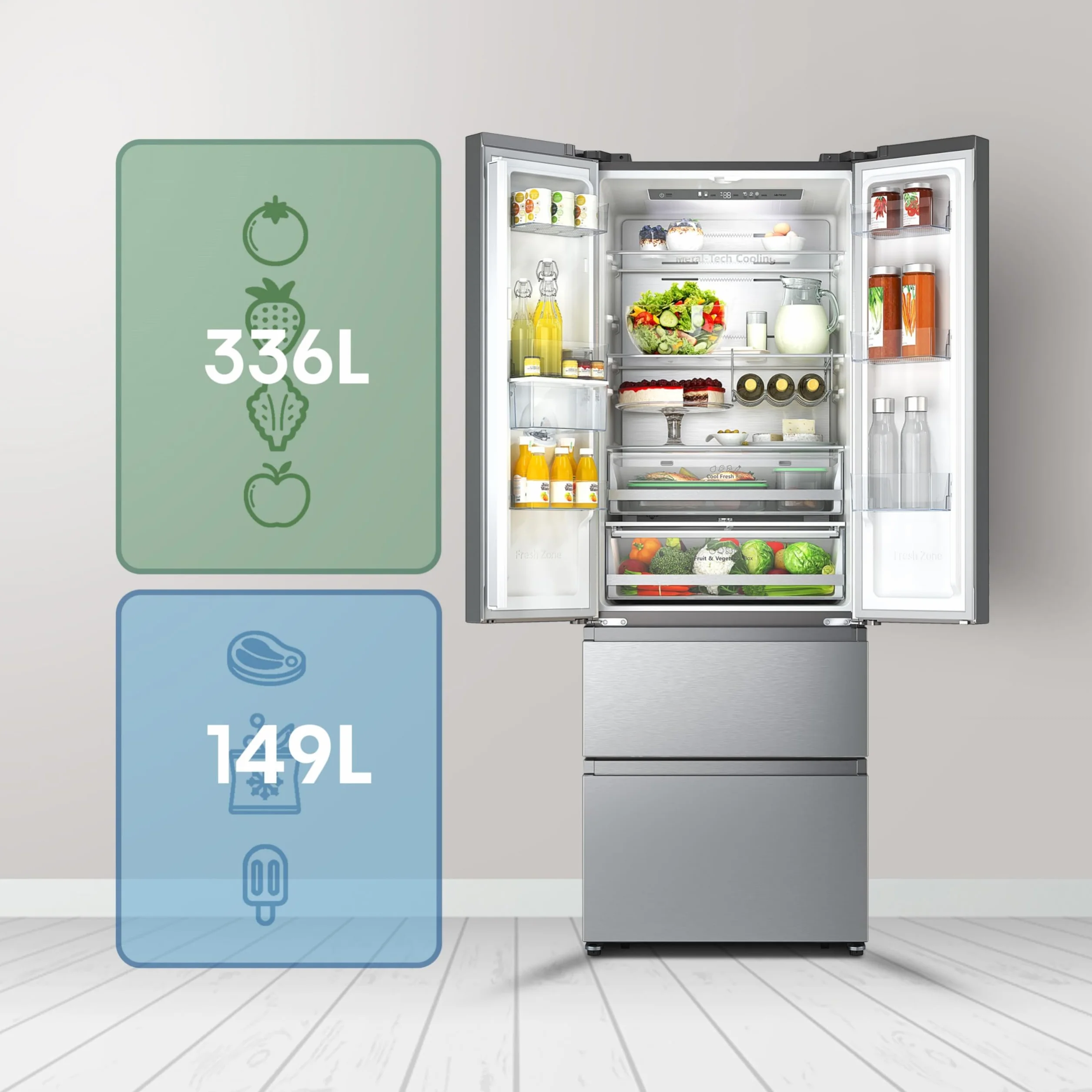 Hisense RF632N4WIE - Frigorífico Combi No Frost Inox Puerta Francesa, Con dispensador, No Frost, 2 Metros,Cajón, 337Litros, Sistema de flujo de aire, Acabado Inox, 485 litros
