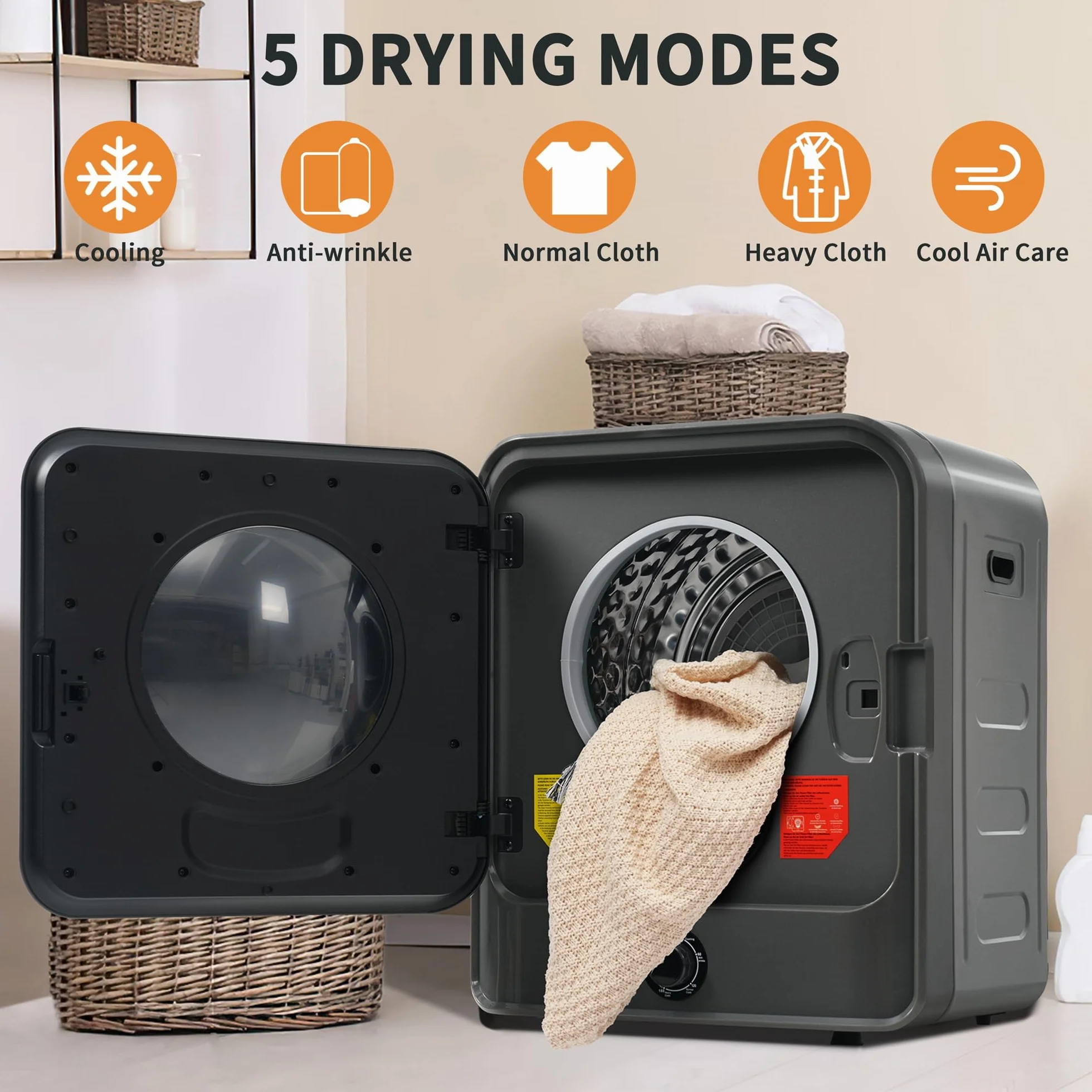 Secadora de Evacuación 4,5 kg con 5 Programas, Carga Frontal Secadora de Ropa 830 W, Montable en la Pared Secadora de Ropa con Tambor Inox, para Piso, Casa, Mobil Home, 60x50x44 cm (Gris)