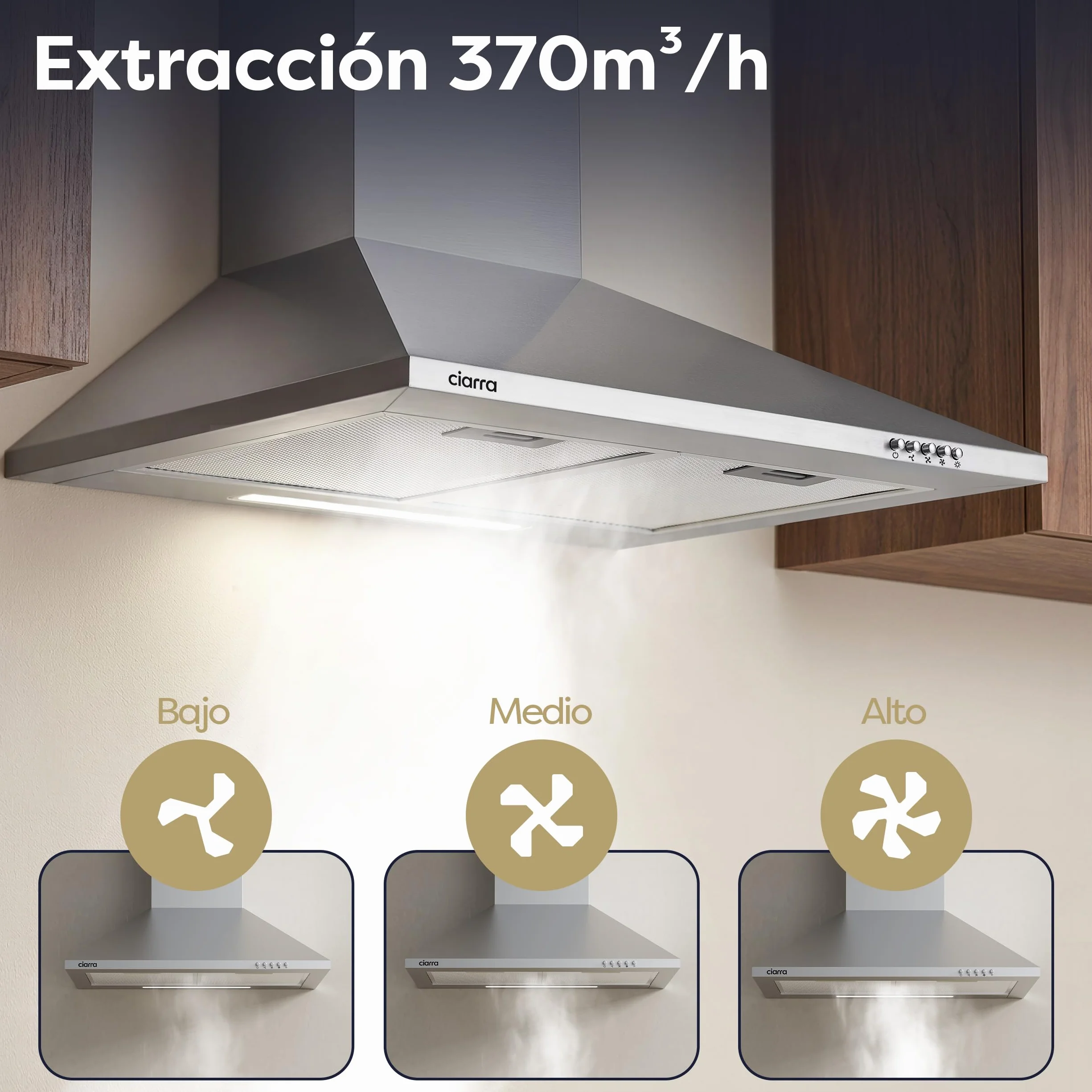 CIARRA CBCS6201 Campana Extractora 60cm 370m³/h 40W Clase A++ Acero Inoxidable