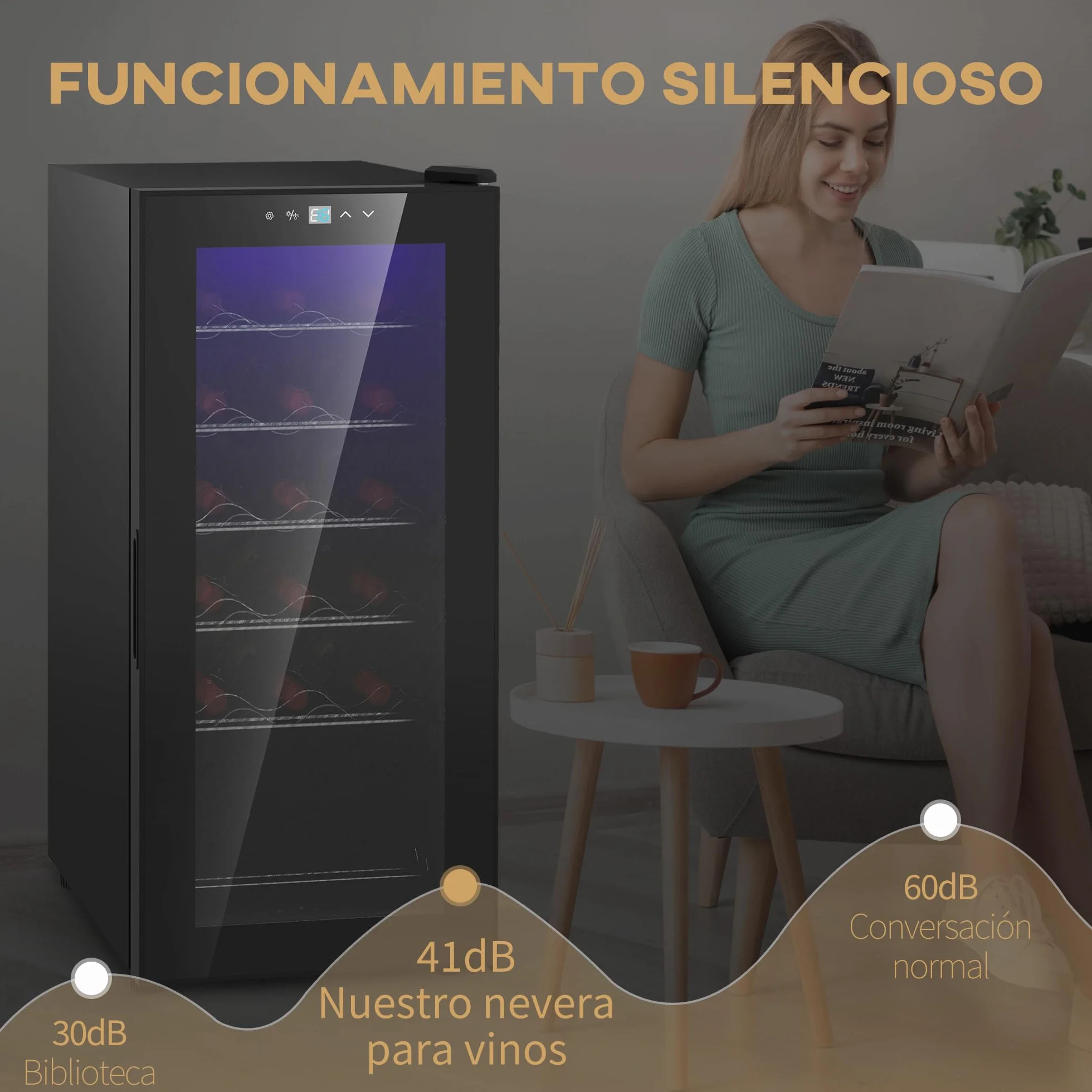 HOMCOM Nevera Vinos 18 Botellas 50L Vinoteca con Luz LED Interior Pantalla LED Táctil Digital Control de Temperatura Puerta de Vidrio Anti-UV y 5 Estantes de Metal Negro
