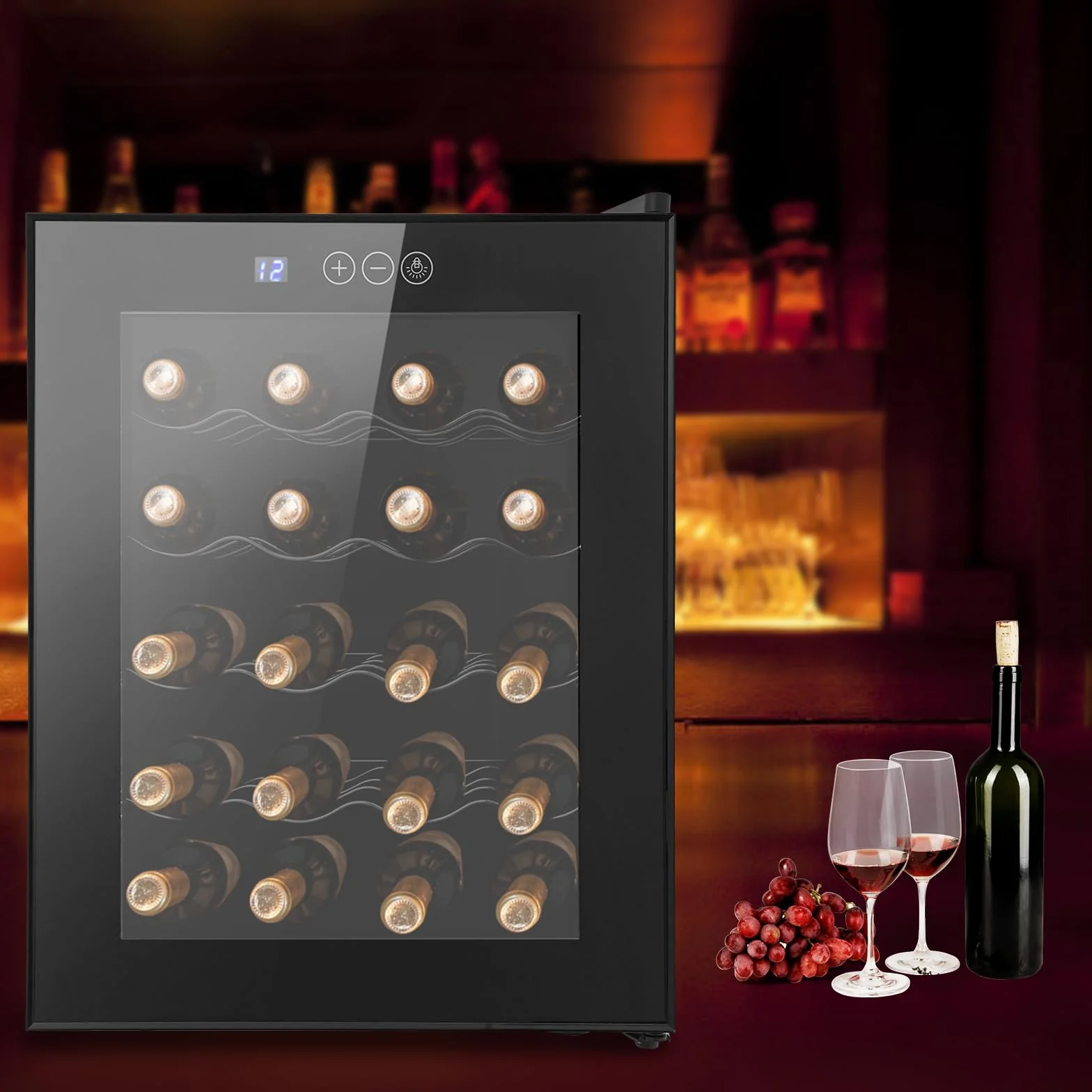 Nevera para vino, 20 botellas, 48 L, iluminación LED, enfriador de vino, pantalla táctil, puerta de cristal reforzada, vino independiente, rango de temperatura 12 – 18 °C, 50,2 x 40 x 53 cm
