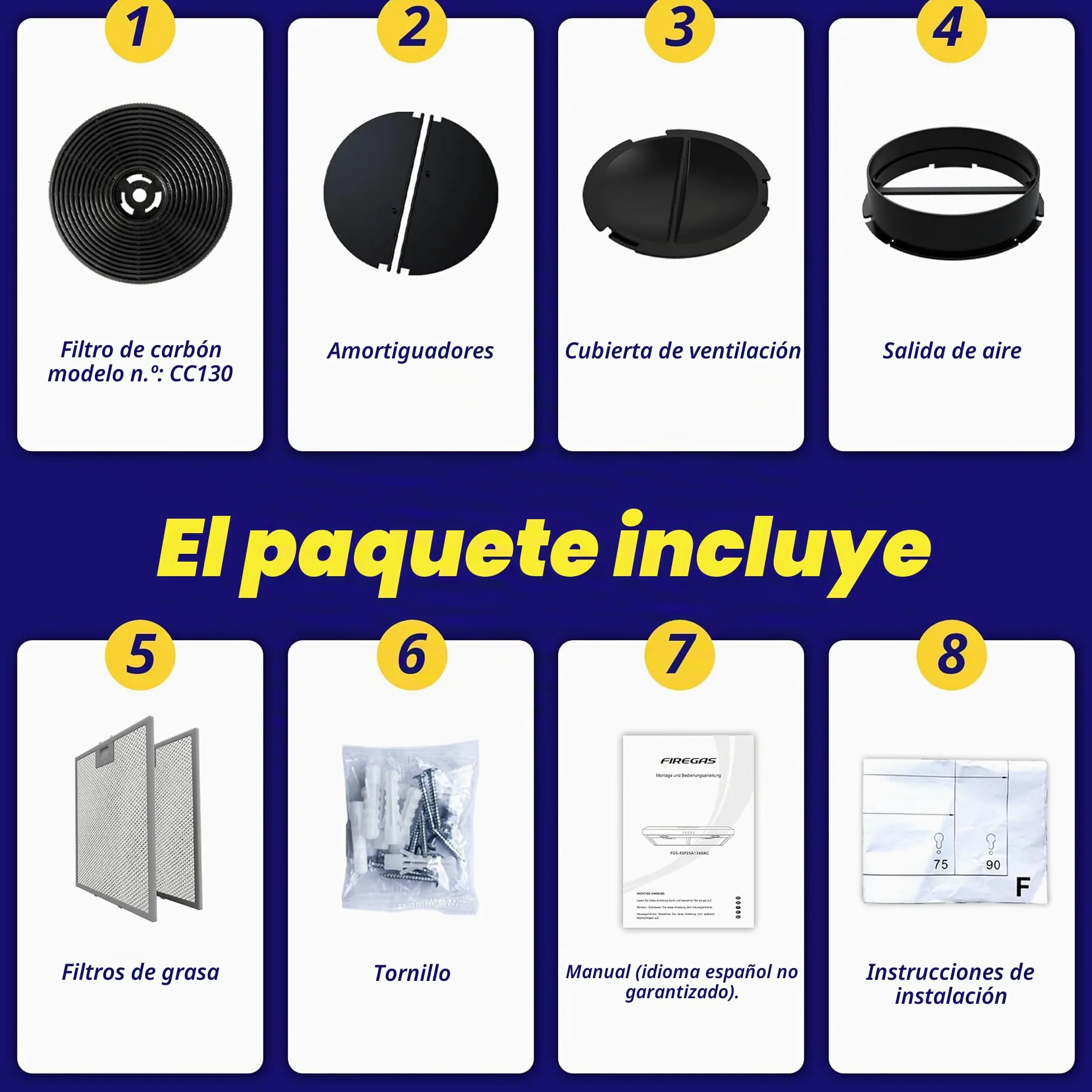 FIREGAS campana extractora 60 cm, con motor sin escobillas, 3 velocidades, 250 m³/h, iluminación LED, filtro de carbón incluido, evacuación y reciclaje, acero inoxidable