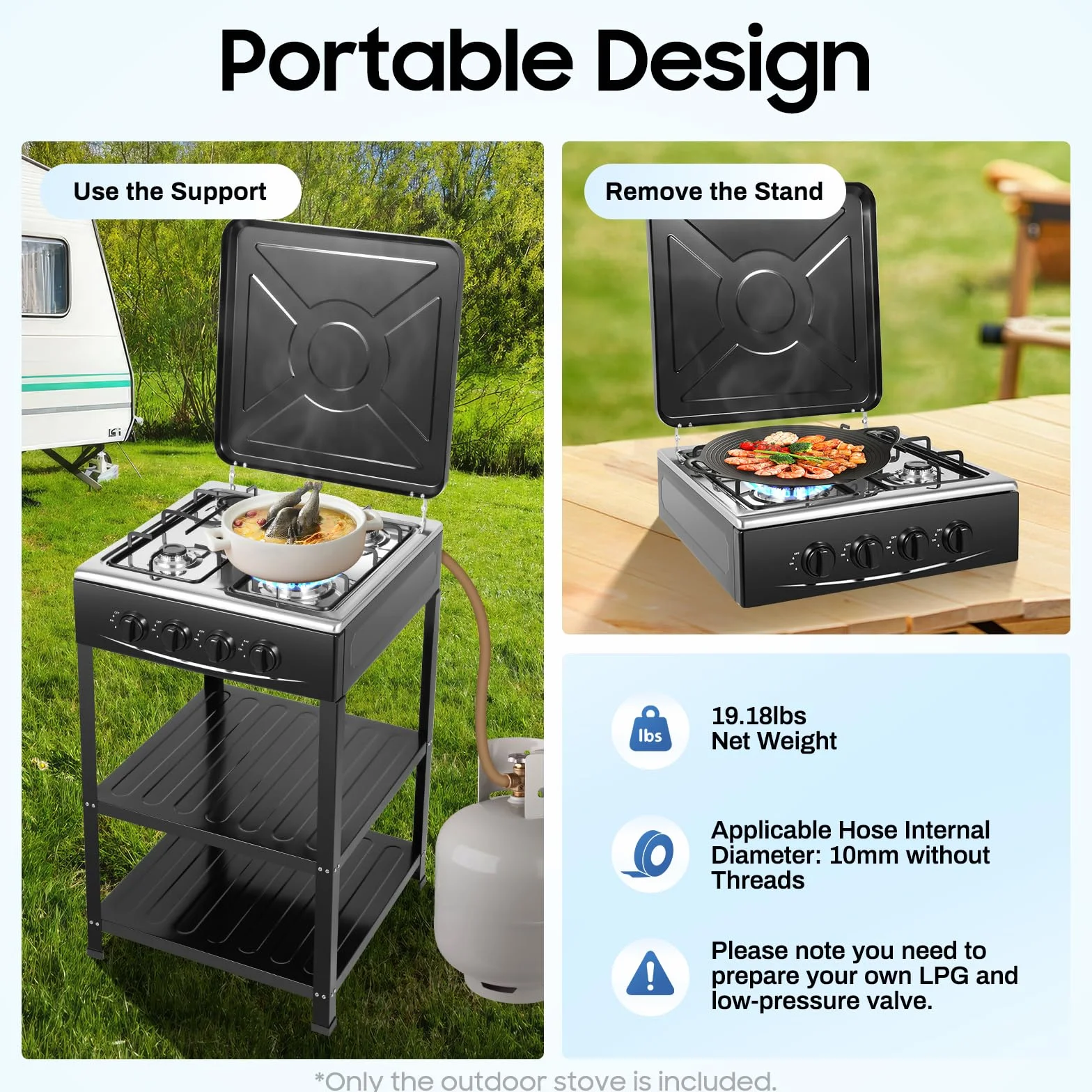 Cocina de gas independiente de 4 fuegos con estante, placa de gas para propano/gas natural, encendido manual, estufa de gas para camping, exterior, autocaravana, color negro, 49 x 49 x 79 cm