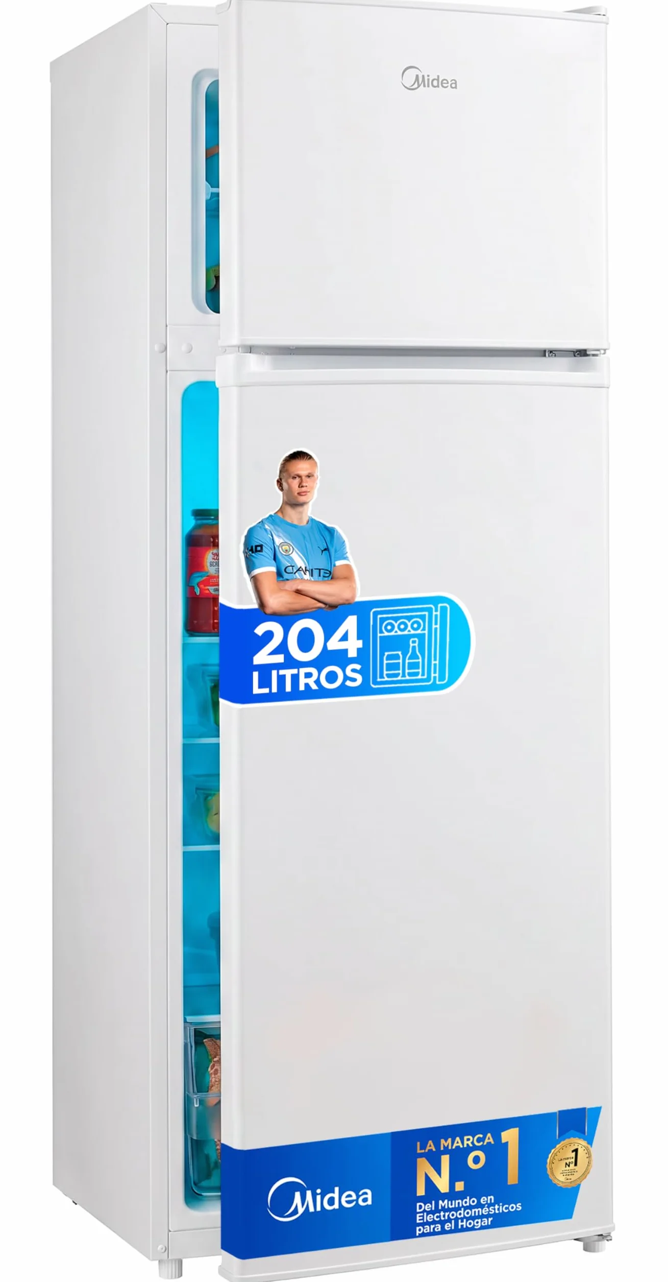 Midea Frigorífico 2 puertas 140 cm alto x 55 cm ancho, Blanco, Capacidad 204 L, Nevera Pequeña con Congelador Low Frost de Bajo Consumo, Puerta Reversible, Luz LED, Silencioso 40dB, Cajón de Frutas