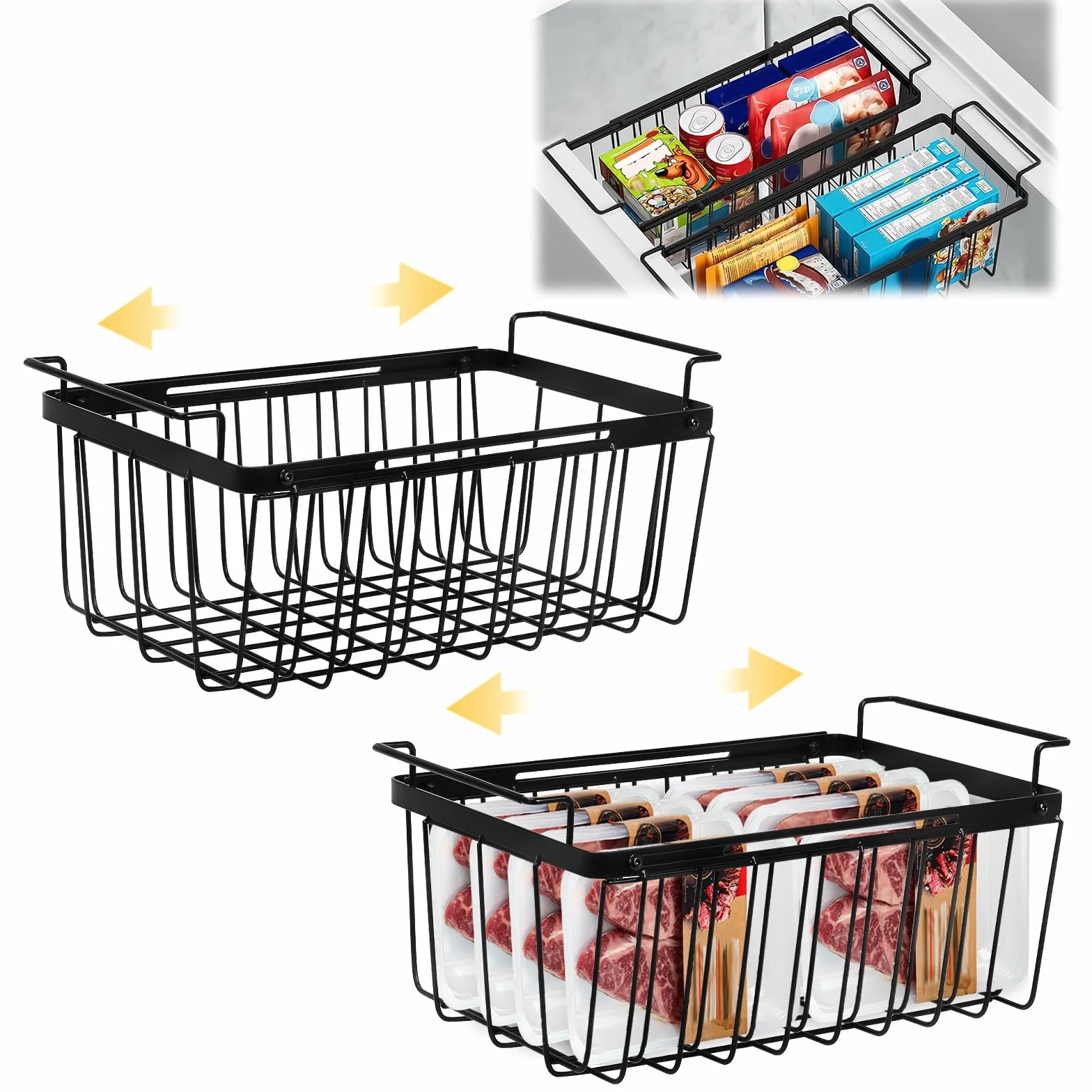 mumisuto 2 Piezas Cesta para Congelador Estirable, Longitud Ajustable de 39 cm a 59,5 cm, Organizadores Arcon Congelador con Asas, Congelador Caja de Almacenamiento, para la Mayoría de Congeladores
