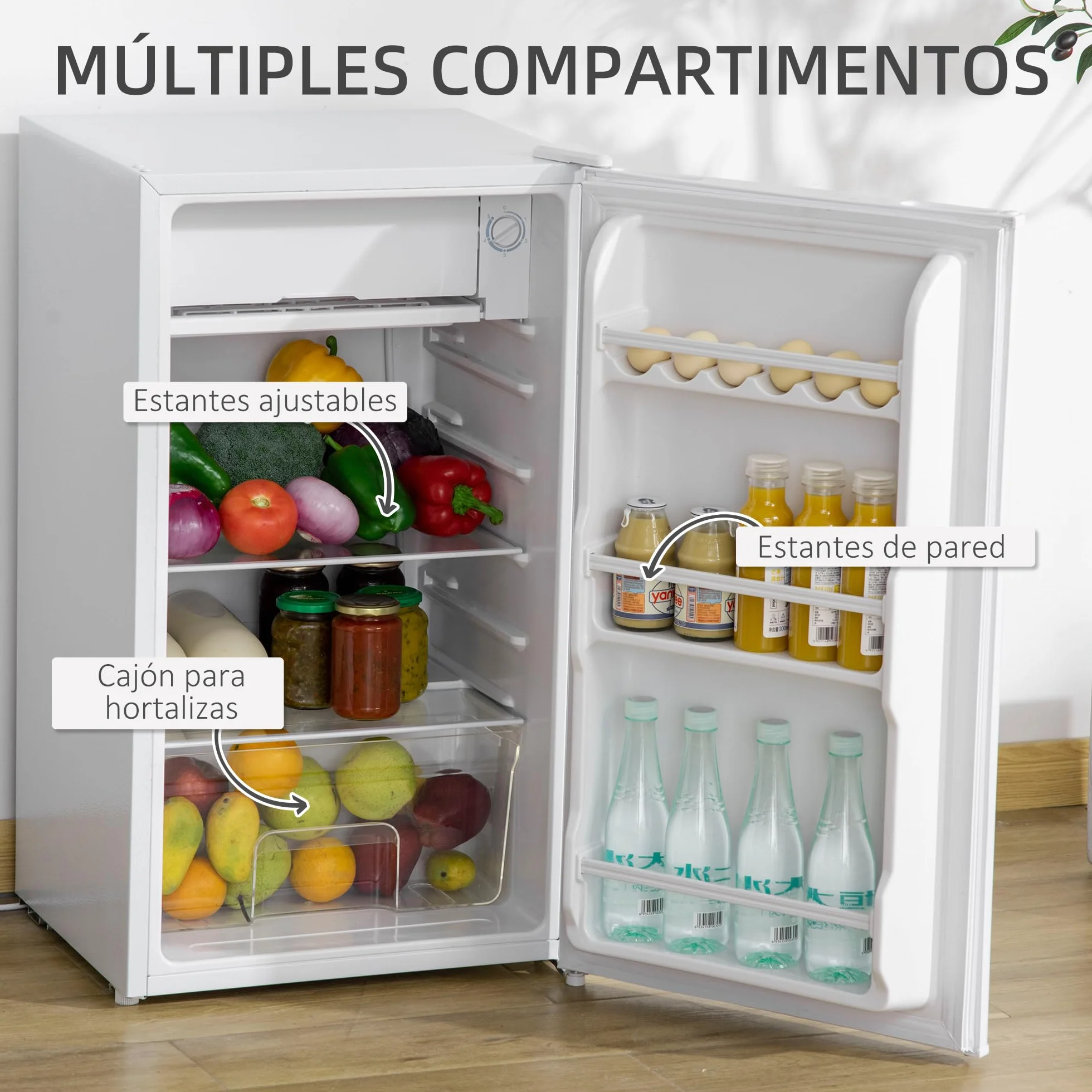 HOMCOM Nevera Pequeña 91 L Mini Frigorífico Silencioso Bajo Encimera Temperatura Regulable 5 Niveles Puerta Reversible Estantes Ajustables Blanco