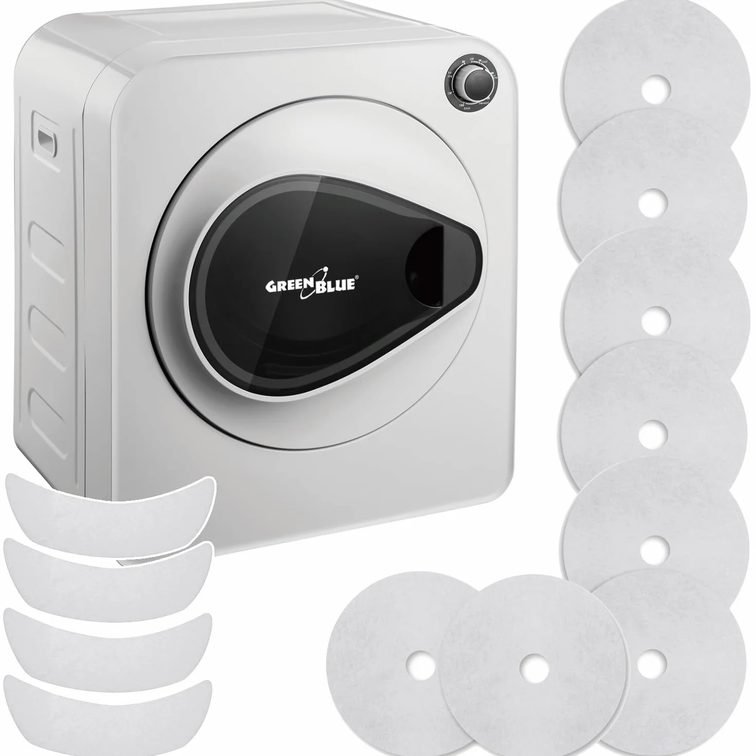 Green Blue GB405 Secadora de Ropa hasta 3kg | Secadora Eléctrica 830W de Evacuación | Independiente o de Pared Cinco Programas de Secado (Secadora GB405 + 4x Filtro)