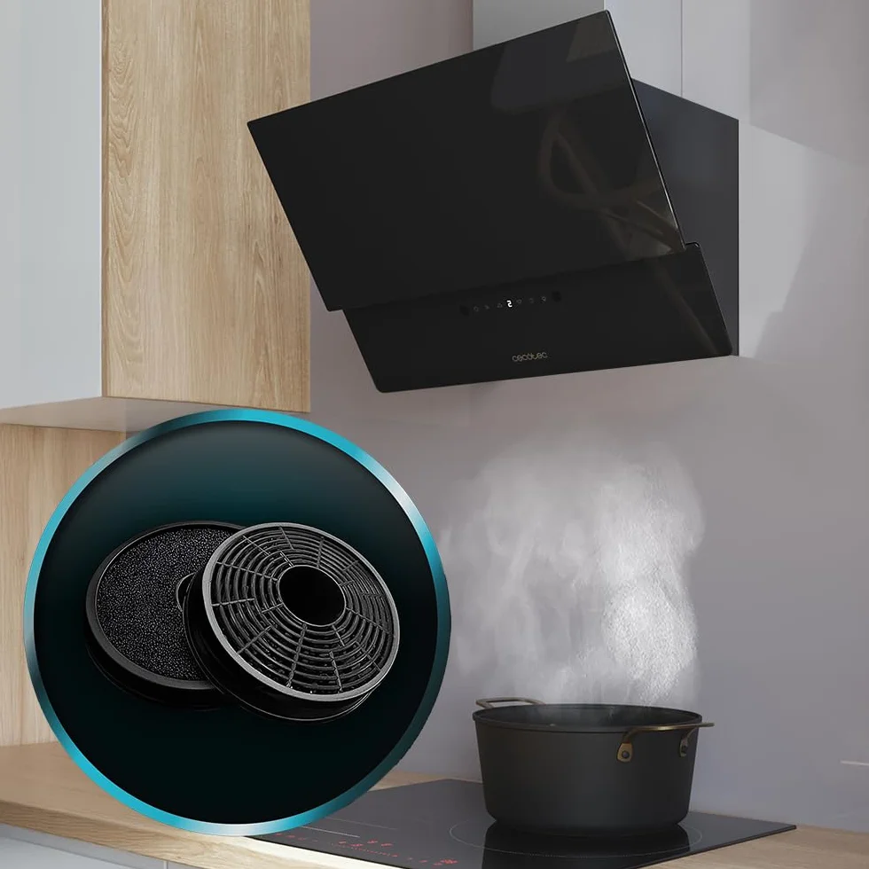 Cecotec Campana Extractora Decorativa 60 cm Bolero Flux DT 608001 Glass Black A++, 210W, Iluminación LED, Succión 800m3/h, Control Táctil, 3 Niveles, Filtro Carbono, Hand Movement, Delay Function