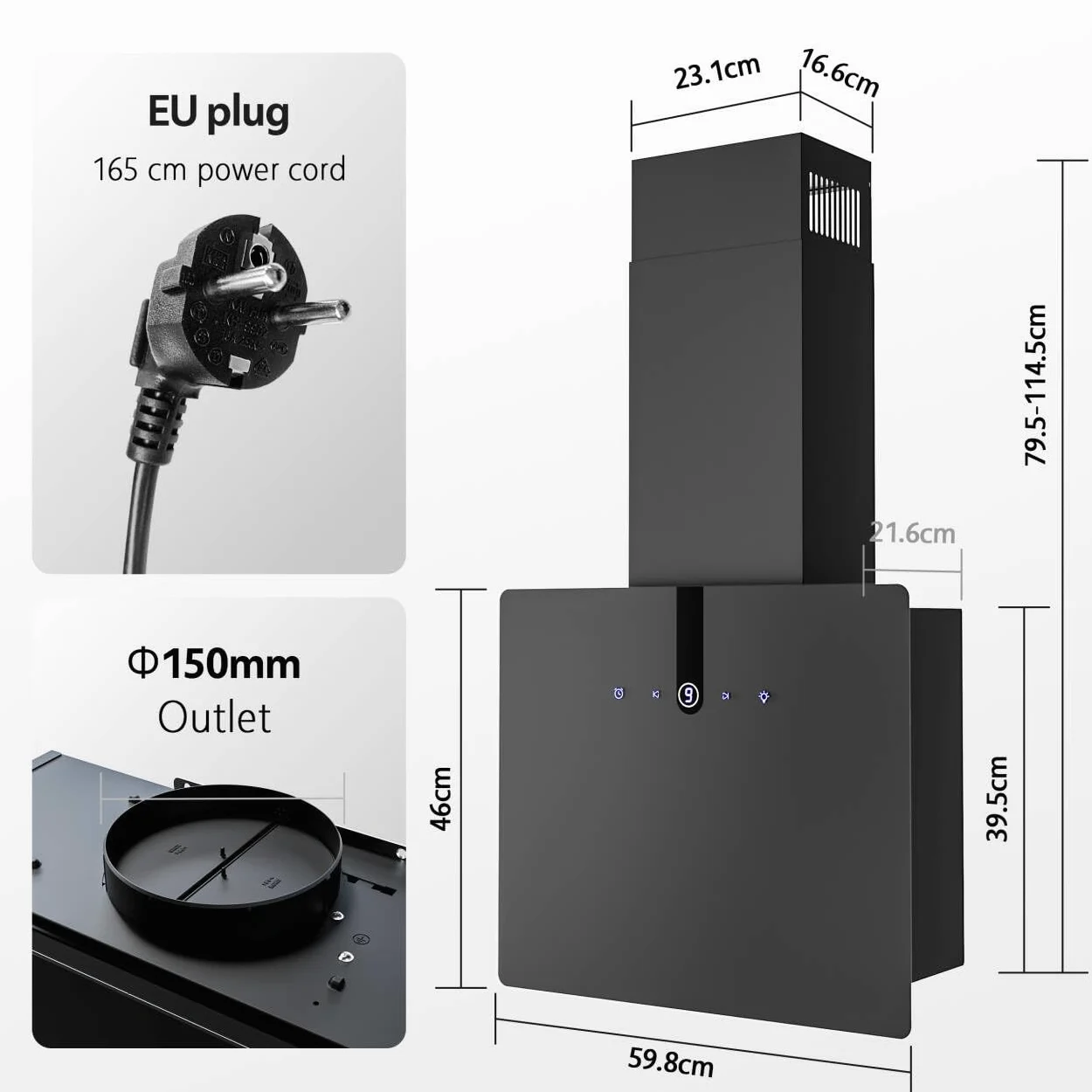 FIREGAS Campana Extractora de Pared con LED 60 cm, 487 m³/h, 9 Velocidades, Filtros de Carbón CC170, Ahorro Energético, Con Conducto, Negra