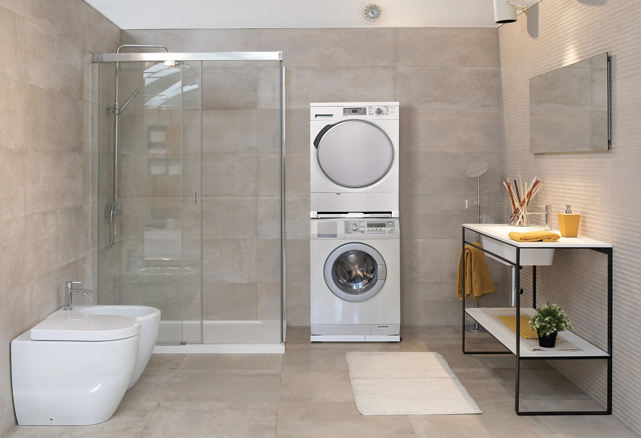 Meliconi Base Torre Pro, kit de superposición universal para lavadora y secadora con estante extraíble y correa de seguridad incluida. Fabricado en Italia, blanco, M